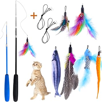 10PCS Cat Toys Wand Retractable Up to 58? Cat Feather Toys Fish Catnip Toys Worms with Bells and Spare Nylon Ropes Interactive Feather Teaser Cat Toy