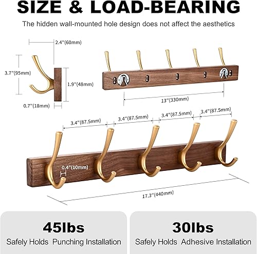 Miniatura 27 de Juego de 4 ganchos de pared de madera de nogal, montados adhesivamente y con montaje en pared, resistentes, decorativos, con doble gancho de madera