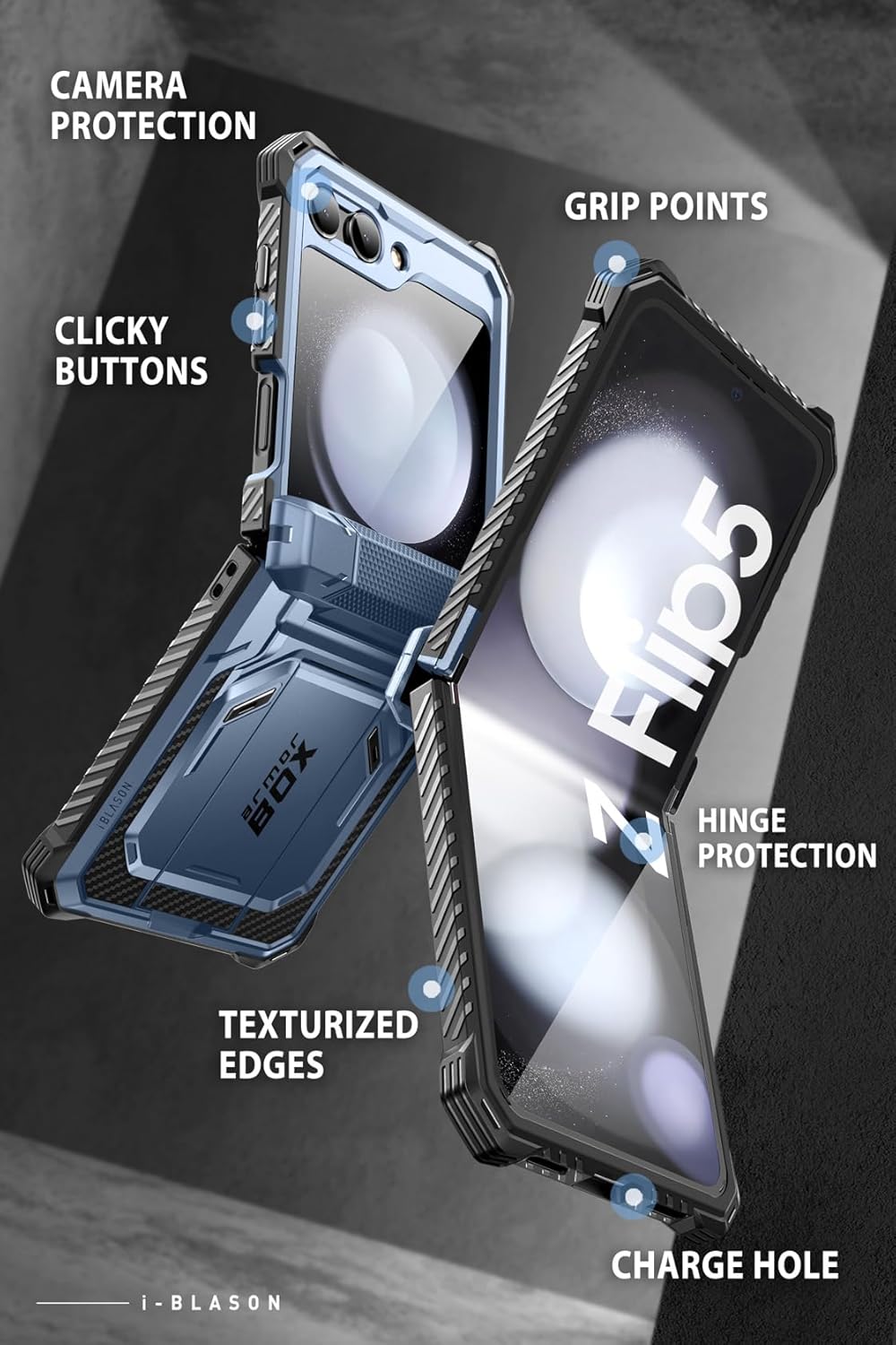 i-Blason for Samsung Galaxy Z Flip 5 Case with Stand, [Built-in Screen Protector] [Hinge Protection], Full-Body Protection Magnetic Phone Case for Galaxy Z Flip 5, Blue