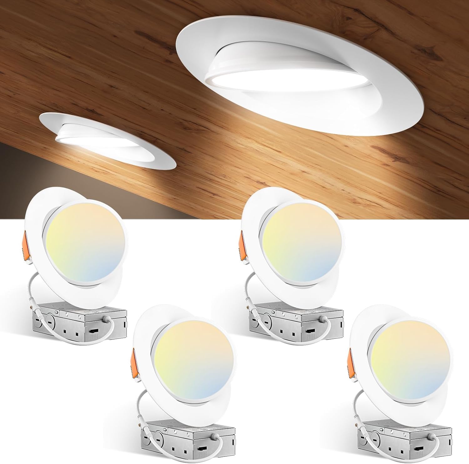 Amico 4 Pack 4 Inch 5CCT Gimbal LED Recessed Lighting, 360°&90° Adjustable Eyeball Directional Downlight, Dimmable, 2700K/3000K/3500K/4000K/5000K Selectable, CRI90+ 9W 700LM, ETL&FCC