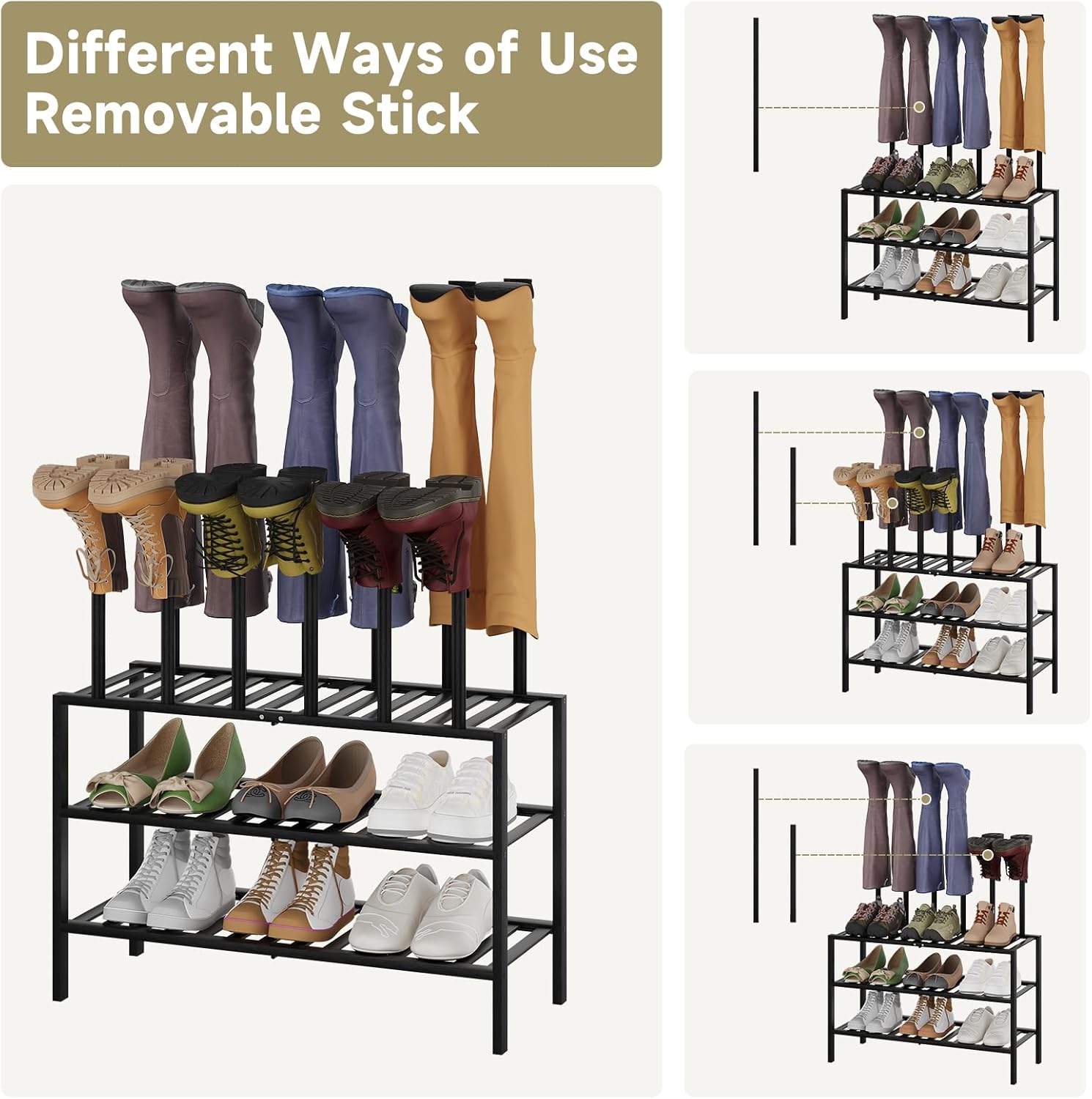 Boot Rack for Tall Boots Organizer,3-Tier Multiuse Shoe Rack and Boot Storage Rack,for Tall Boots,Sneakers,High-Heel (Black, 3-Tier)