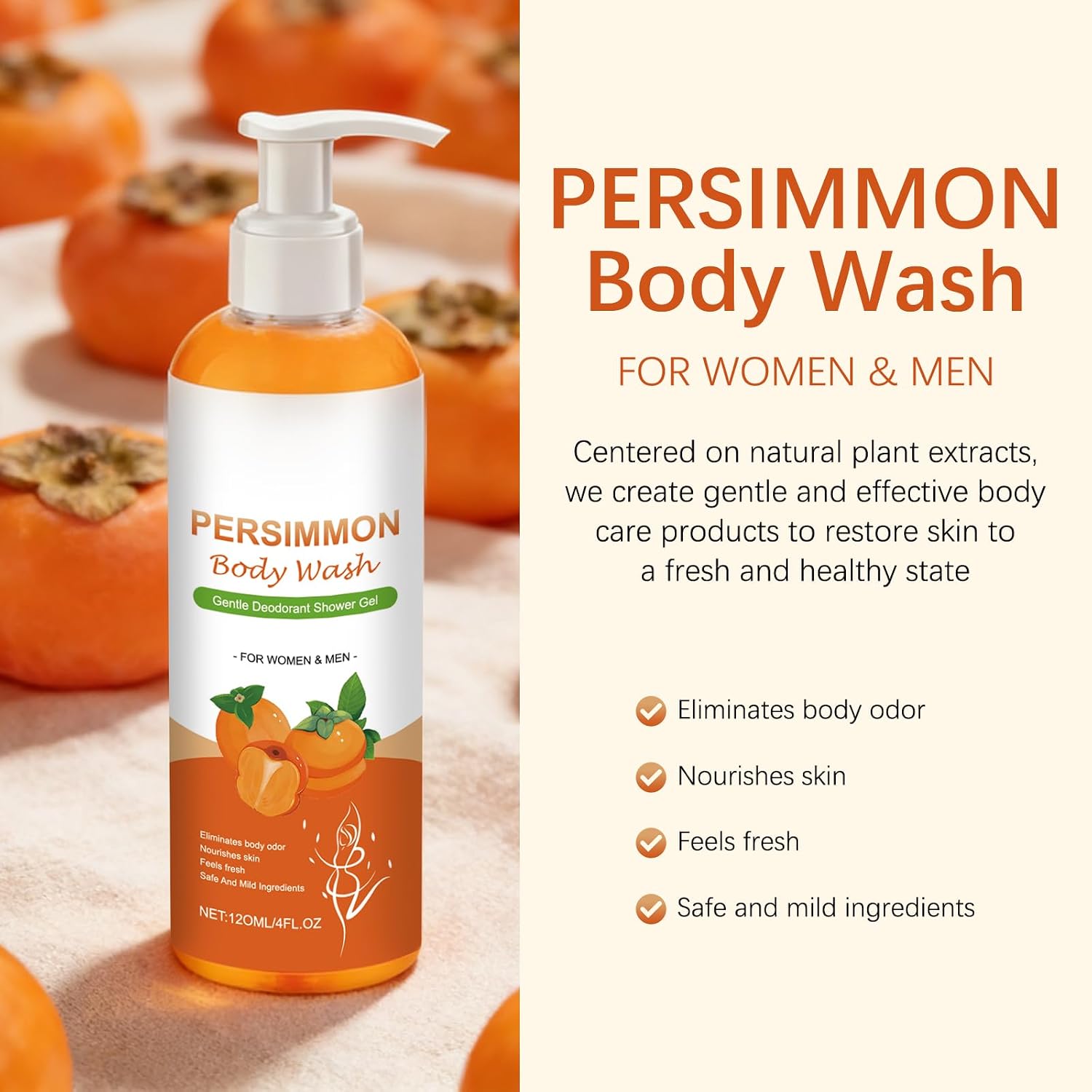Persimmon Body Wash, Odor Cleanser, Gentle Shower Gel, 120ml 2Pack image 3