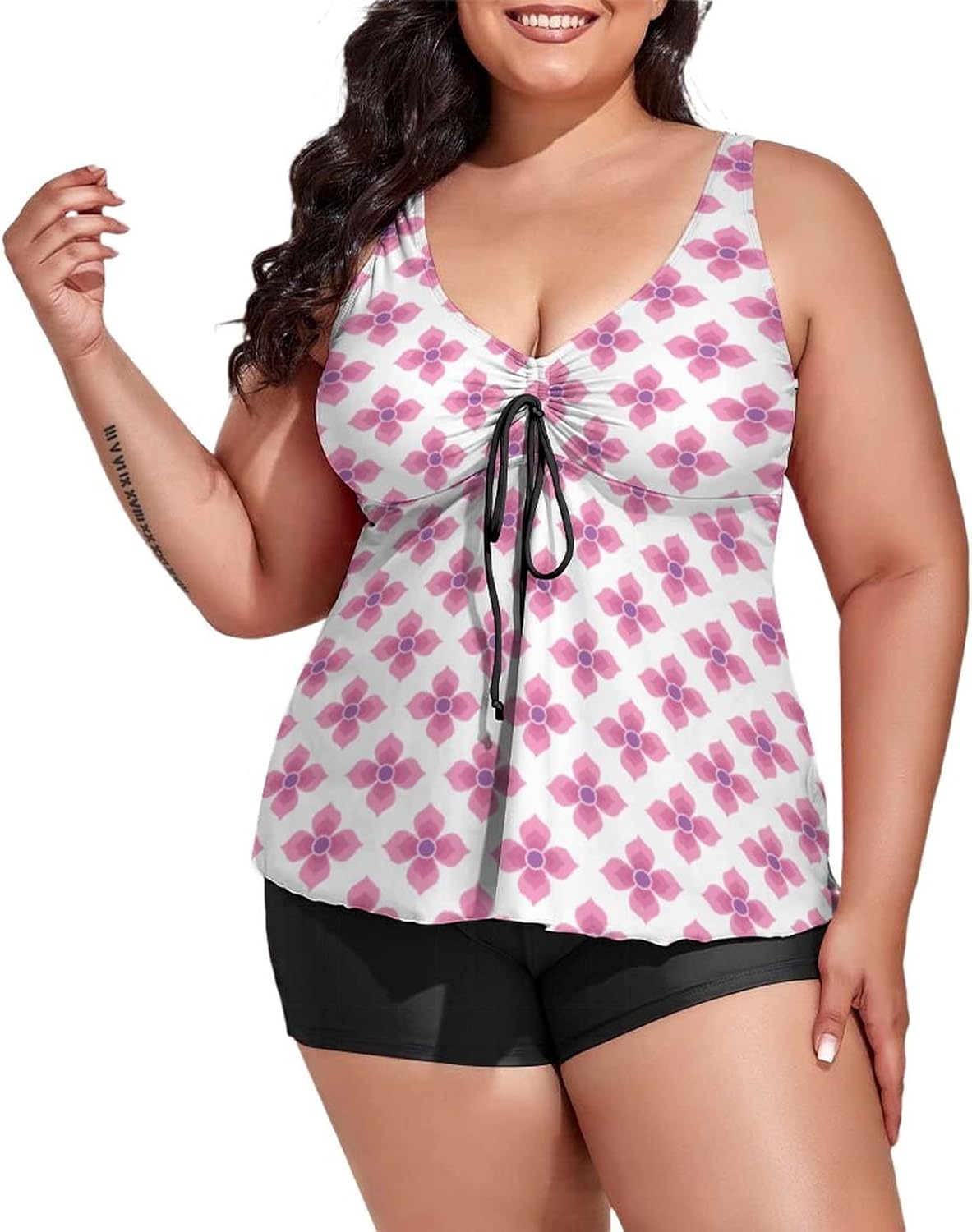Plus Size Swimdress Blue Floral Flowers 2 Piece Tankini Swimsuit Womens Summer Decor Bathing Suits with Shorts