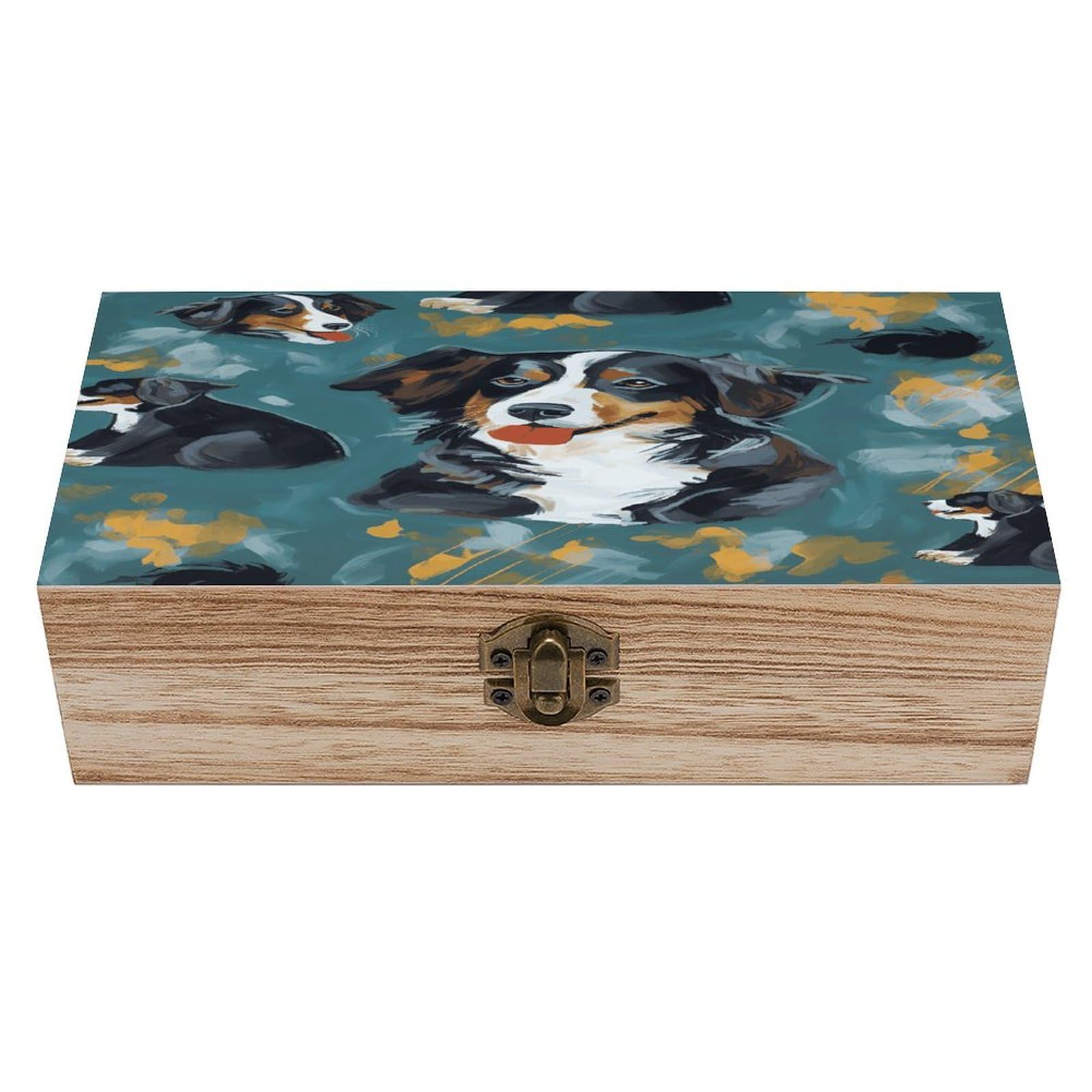 Coffre de rangement en bois rétro Dog4 avec couvercle pour bijoux et photos