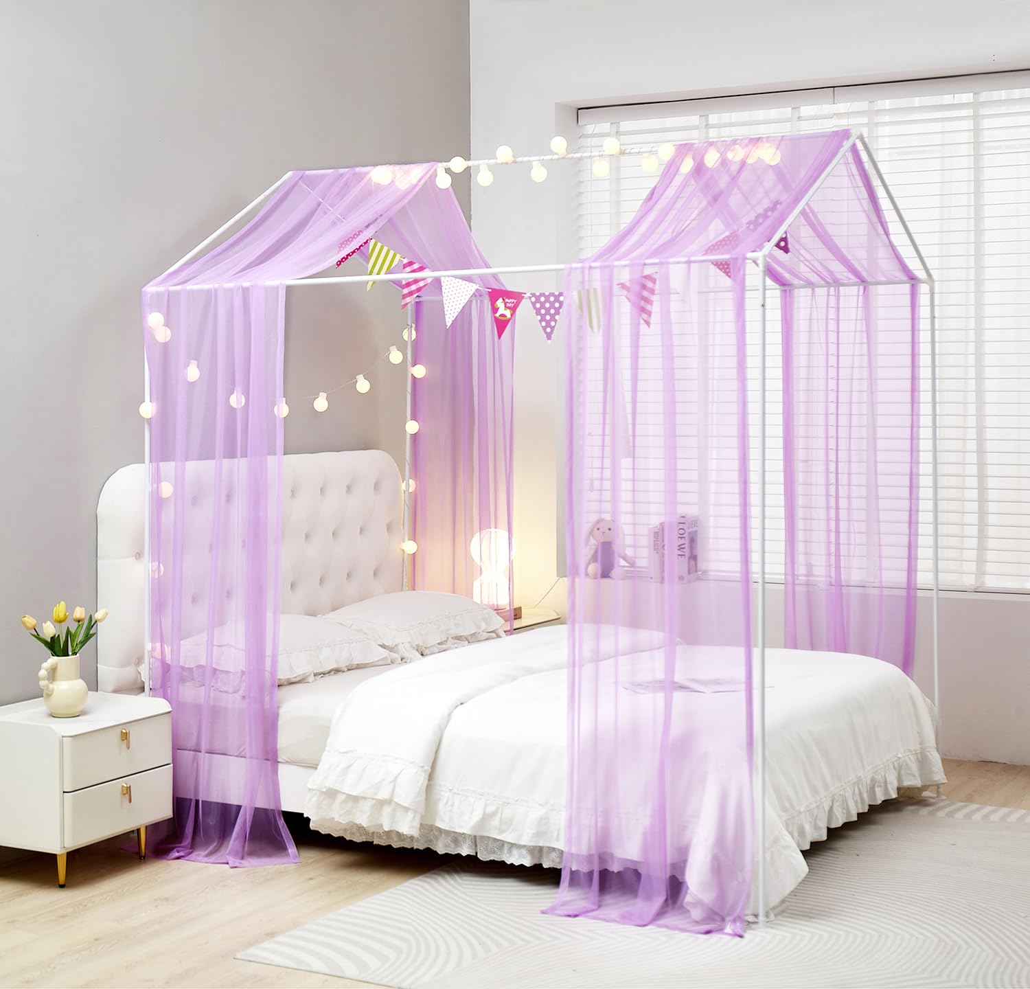 ZIQINPSQ House Bed Canopy Bed Curtains,2pcs Montessori Floor Bed Canopy for Girls Boys,Mosquito Net For Kids Wood Bed Frame,Bedroom Decorations (Purple)