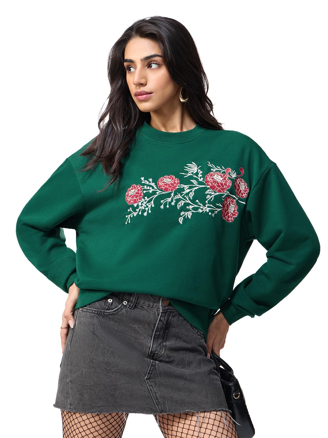 The Souled Store Blossom Women and Girls Full Sleeves Round Neck Green Embroidered Cotton Blend Oversized Fit Lightweight Pullover Sweatshirt-picture-27