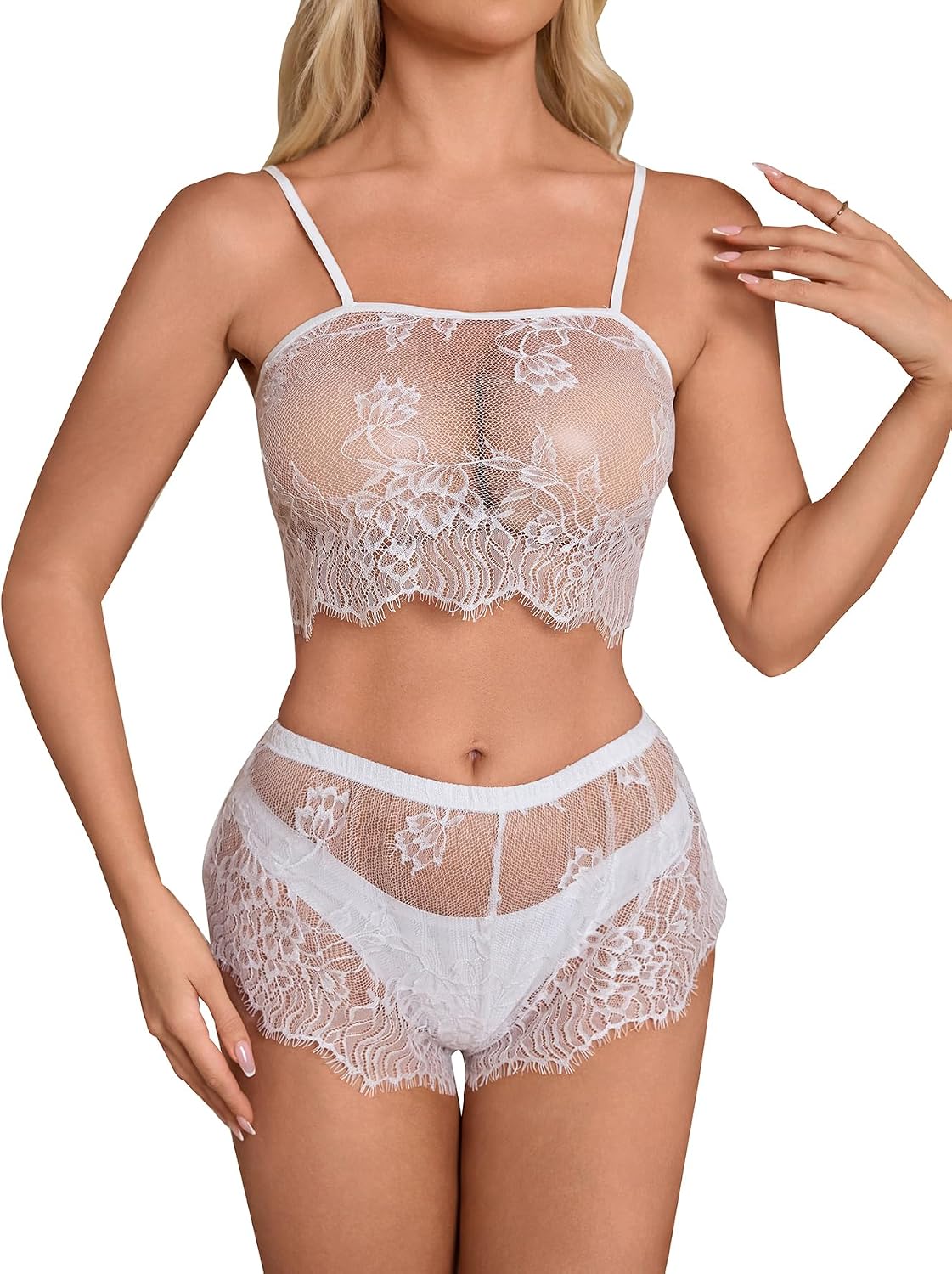 SOLY HUX Women's Floral Lace Sheer Bra and Boyshorts Panty 2 Piece See Through Lingerie Set