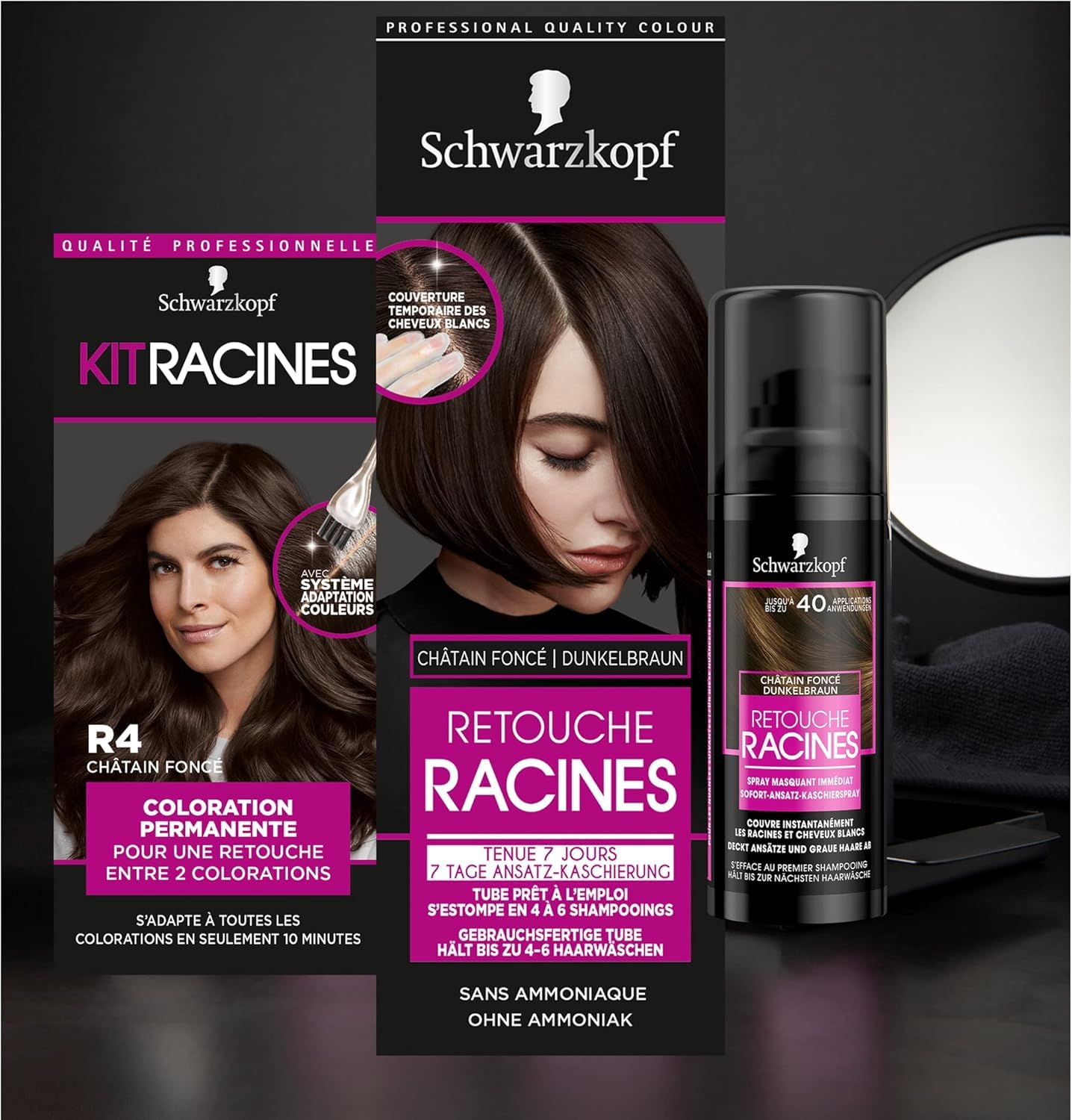 Schwarzkopf - Lot de 3 Retouche Racines Cheveux Blancs - Spray Masquant Temporaire Racines Cheveux - S’efface au premier shampooing - Châtain foncé