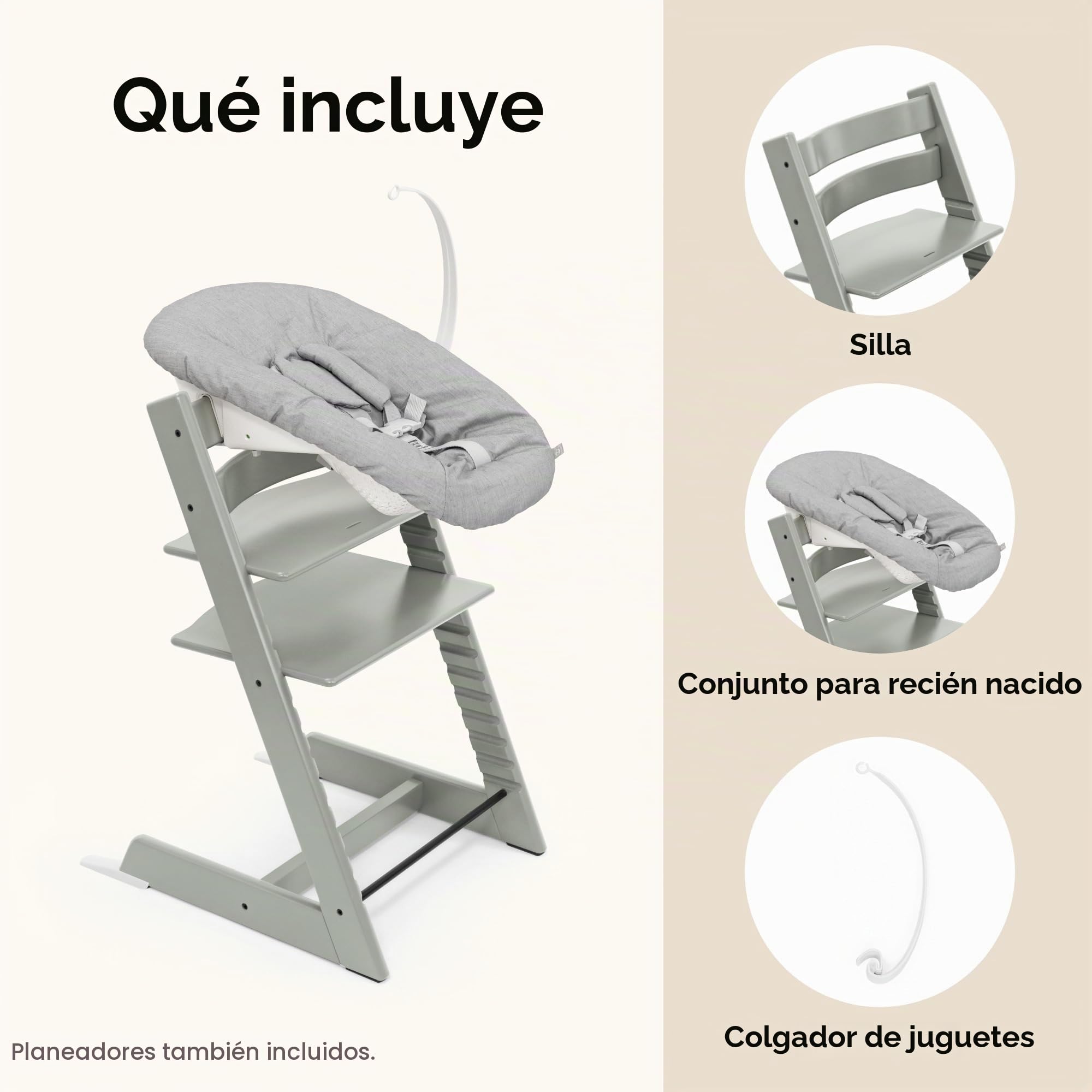 Silla Tripp Trapp Stokke (Verde glaciar) con Newborn Set (Gris) – Utilizar desde el nacimiento y hasta 9 kg – Cómodo, seguro y fácil de usar
