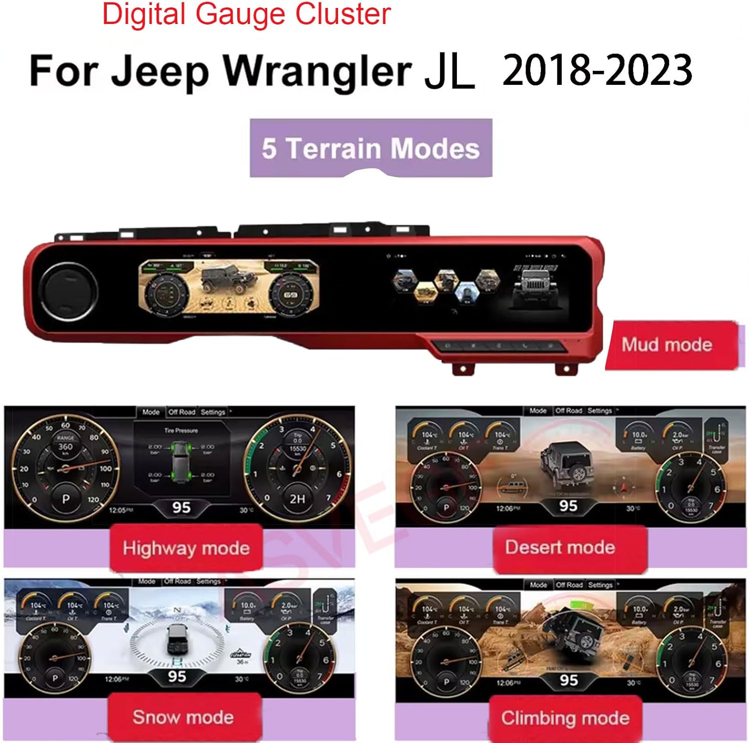 Image showing the ASVEGE dual screen system installed in a Jeep Wrangler JL, with the digital instrument cluster active.