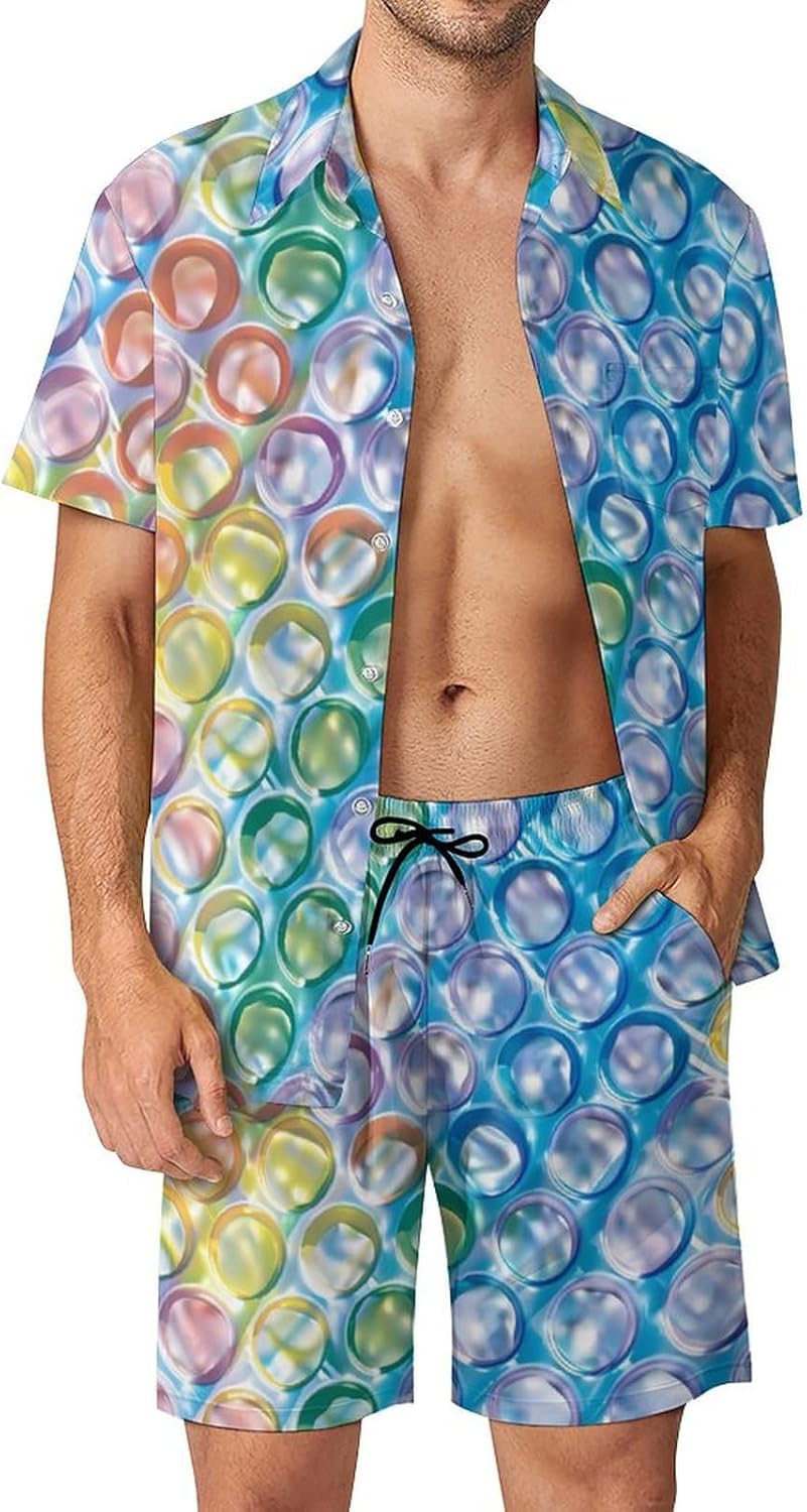 Colorful Bubble Wrap Men's Summer Beach Outfits Shirt And Shorts Set 2 Piece Vacation Swimwear