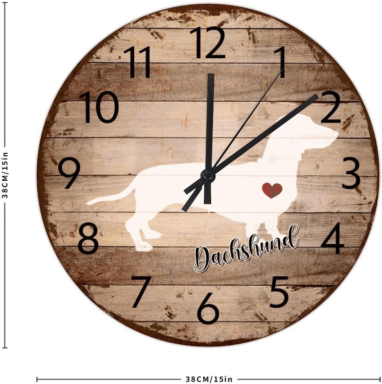 15 Inch Silent Non-Ticking Wall Clocks Battery Operated Dachshund Wooden Wall Decor for Office Animal Prints Dog Silhouette Pictures Modern Round Wooden Wall Clock Country for Dining Room Restaurant