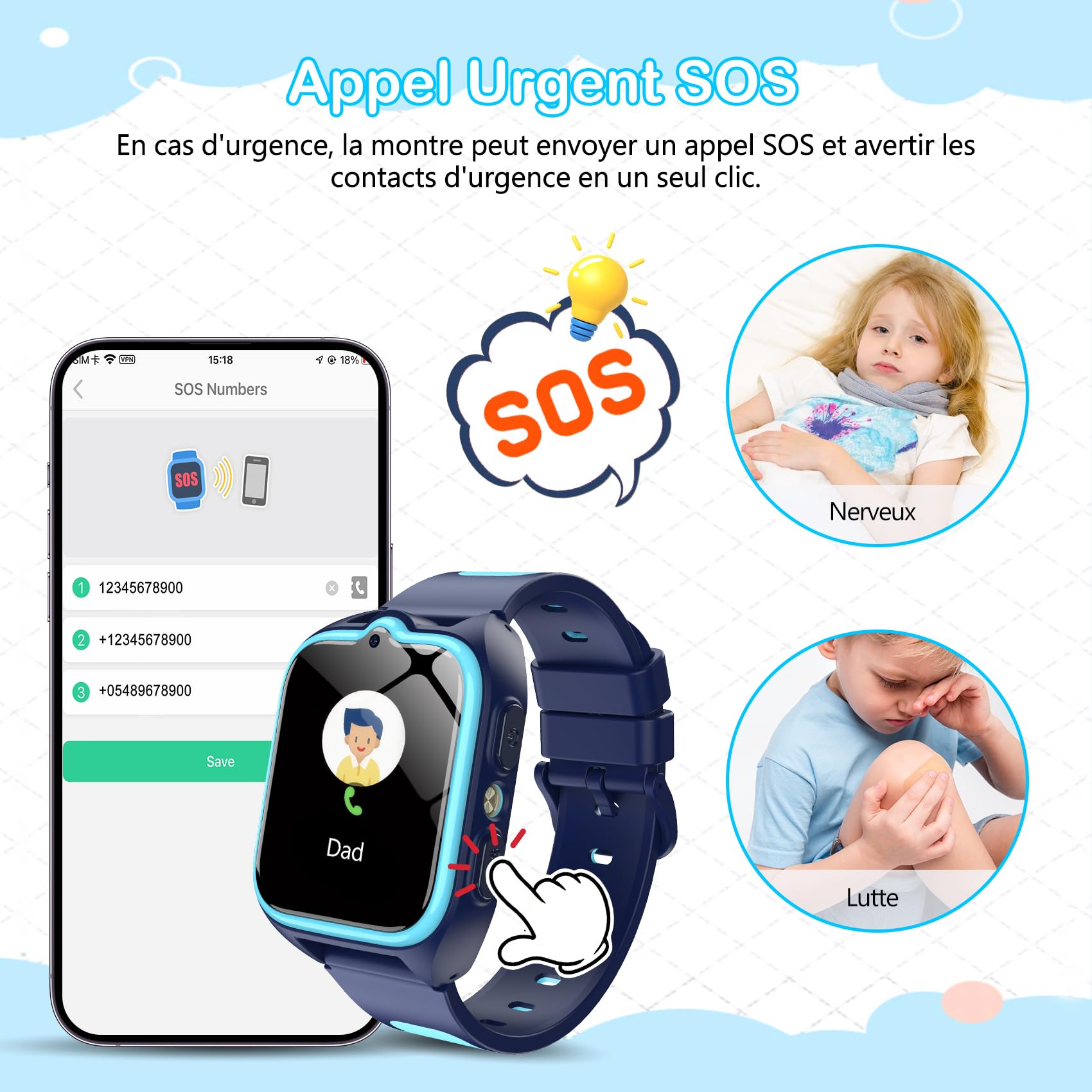 IOWODO Montre Connectée Enfants | GPS Traceur + SOS Appel Urgence | Batterie | Appels Vidéo et Chat Vocal |Mode école et Zones de Sécurité | 5-12 Ans (Bleu)