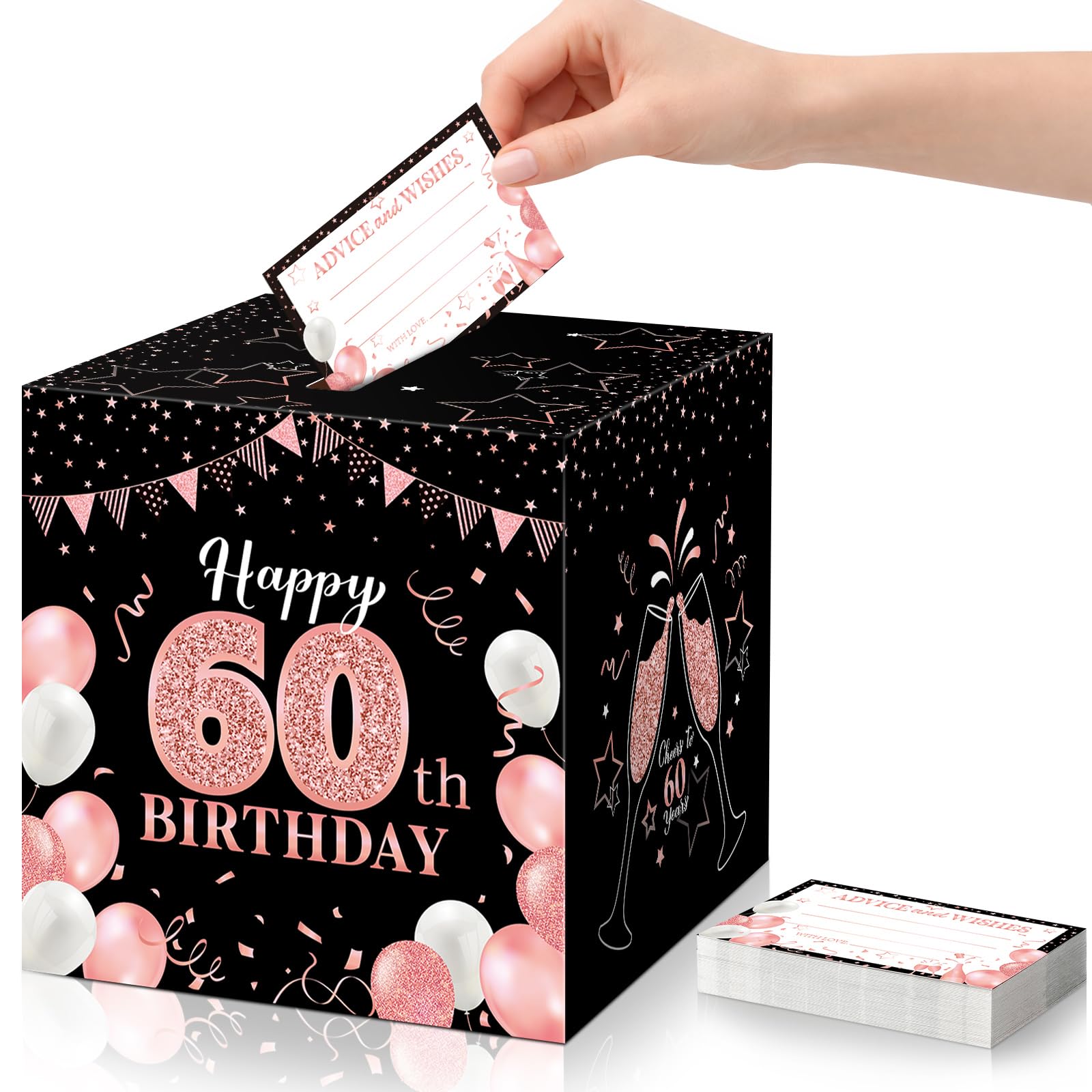 Funrous 60th Birthday Party Message Card Box Cheers to 60 Years Black Rose Gold Advice and Wishes Greeting Card Box for Men Women Birthday Decorations Party Supplies Anniversary Tables Sign Decor
