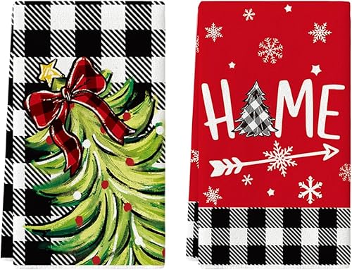Artoid Mode Juego de 2 toallas de cocina de Navidad con moño, diseño de árbol de Navidad de búfalo, 18 x 26 pulgadas, decoración de estrellas
