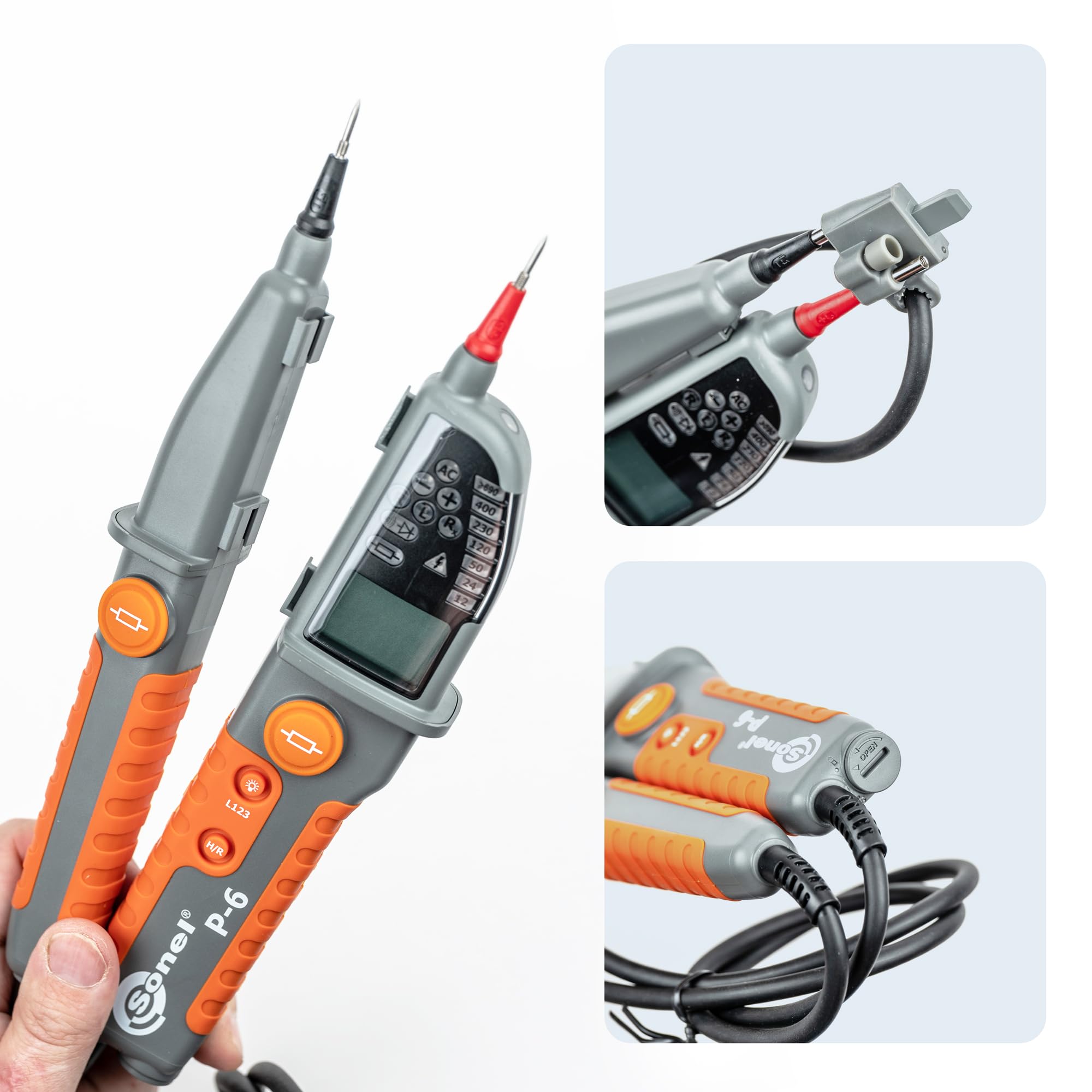 SONEL P-6 - Indicador de tensión bipolar avanzado con identificación de fase y medidas automáticas hasta 1000 V - Pantalla LCD, alarmas sonoras, IP65, CAT IV
