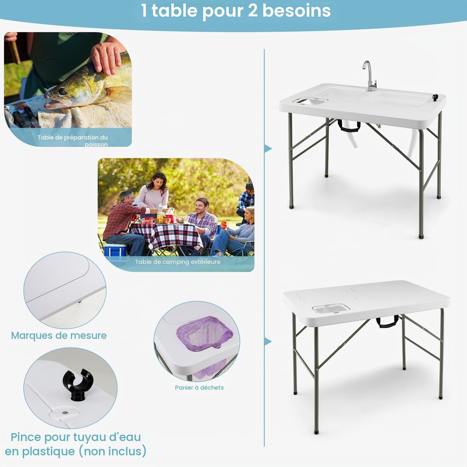 KOMFOTTEU Table de camping pliable 102 x 66 cm avec robinet rotatif et 2 lavabos, station de nettoyage pour poissons avec échelle de mesure et poubelle