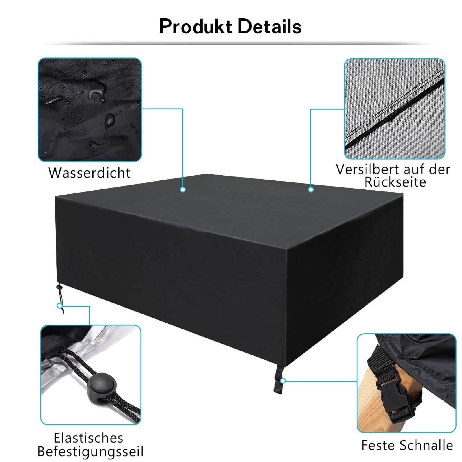 Housse de protection pour meubles d'extérieur en tissu Oxford 420D imperméable très résistante au vent et aux UV pour meubles de jardin en rotin rectangulaire, noir, 235 x 195 x 73 cm