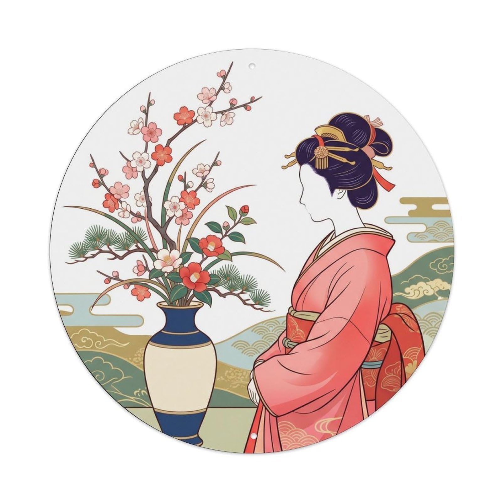Galvaxio Style Japanese Kimono Woman Flower Vase Ikebana Graceful Metal Tin Sign