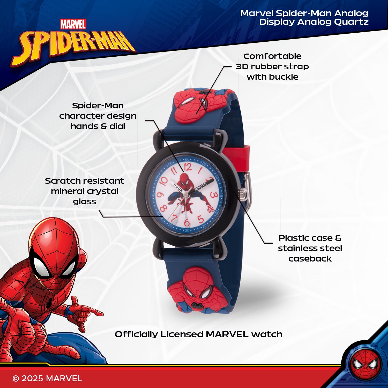 Marvel Spider-Man - Orologio analogico al quarzo con cinturino 3D per insegnare l'ora ai bambini, Nero, blu navy, Spider Man - Orologi in plastica 1, cassa nera, cinturino in plastica blu