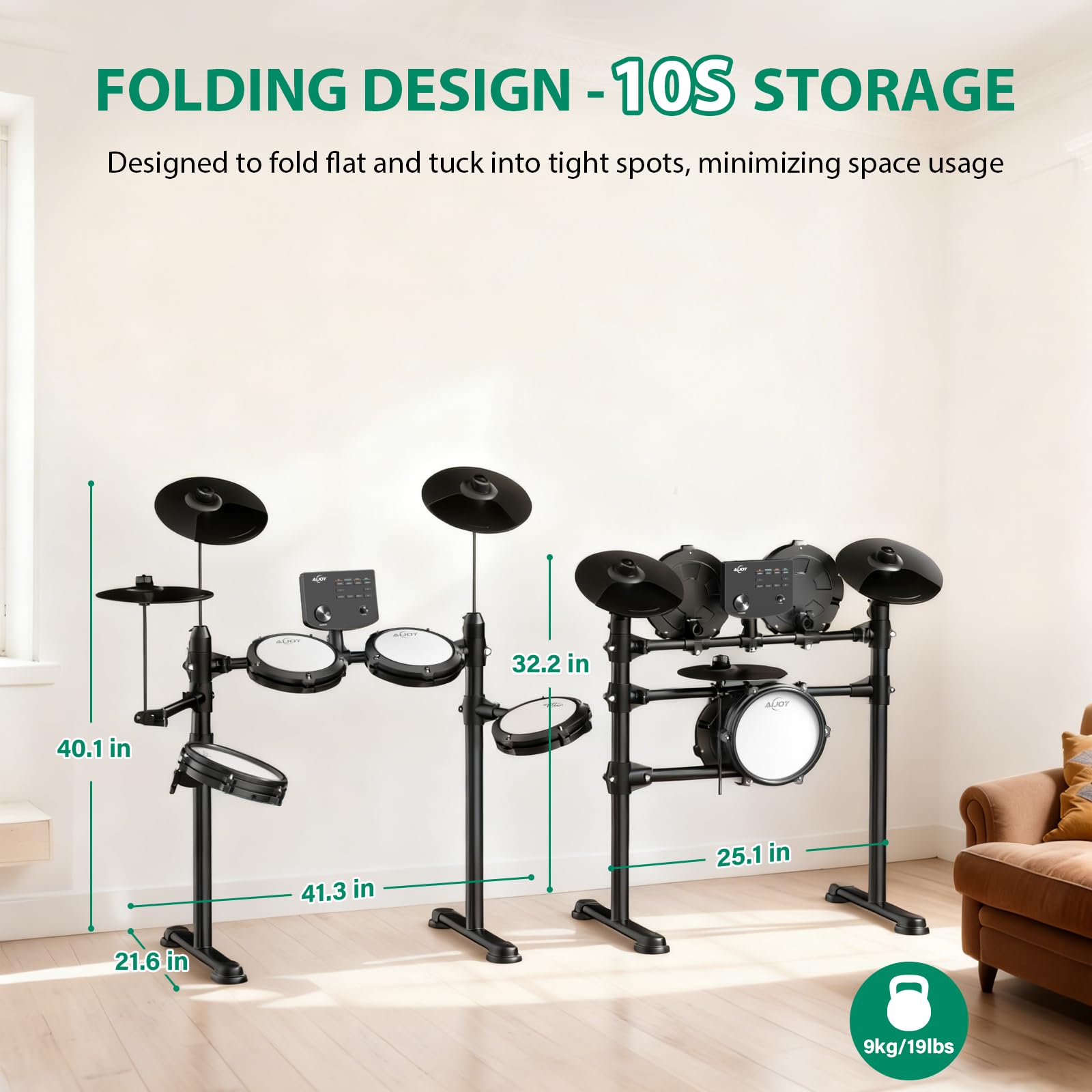 AiJoy Elektrisches Schlagzeug-Set für Anfänger – 4 leise Mesh-Pads, Dual Zone Snare, 15 Schlagzeug-Kits & 200+ Sounds, 9,5-Zoll-Becken, inklusive Thron, Sticks & Kopfhörer, perfektes Kit zum Üben
