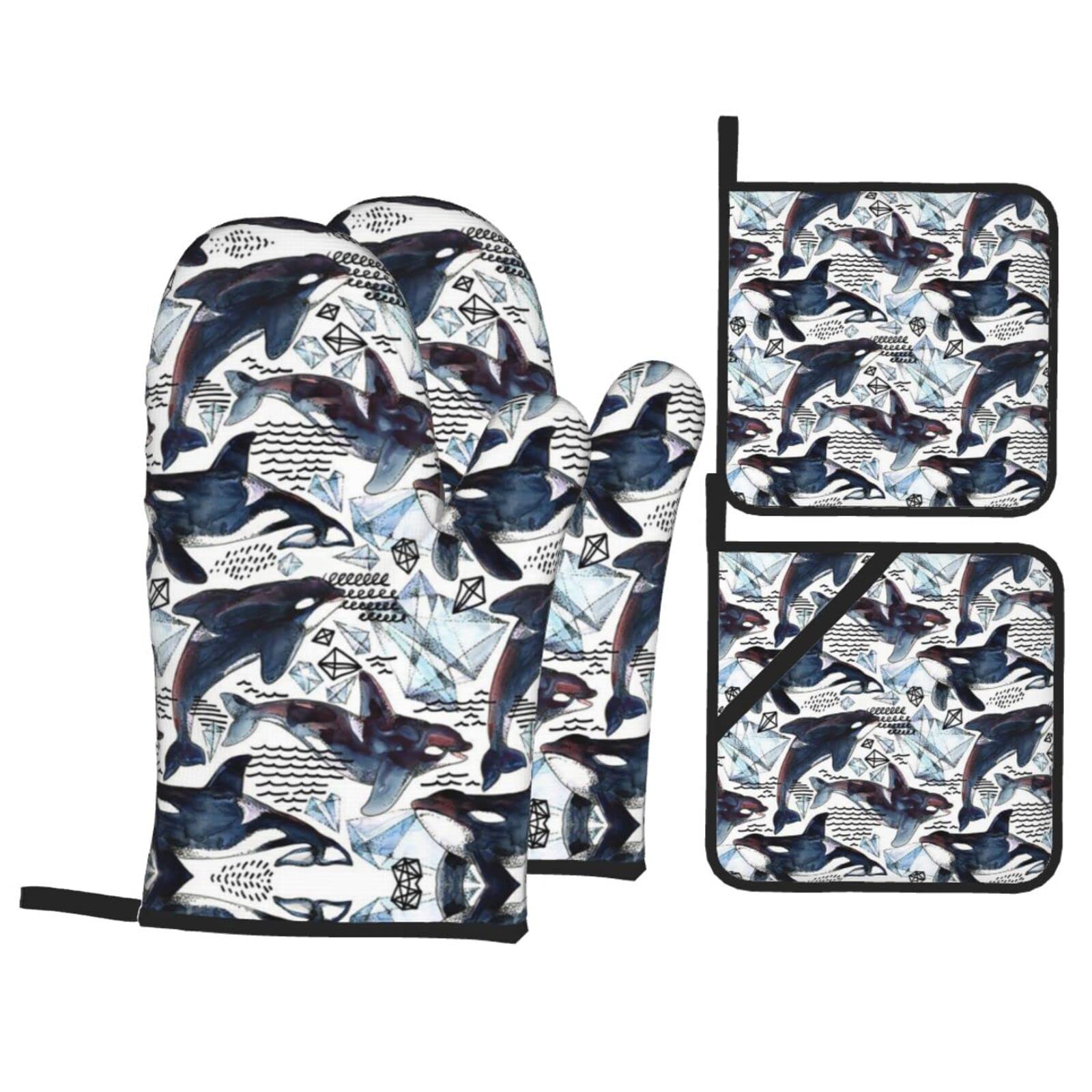 Killer Whale Oven Mitt and Pot Holder 4-Piece Set for Kitchen, Outdoor Grill, Baking