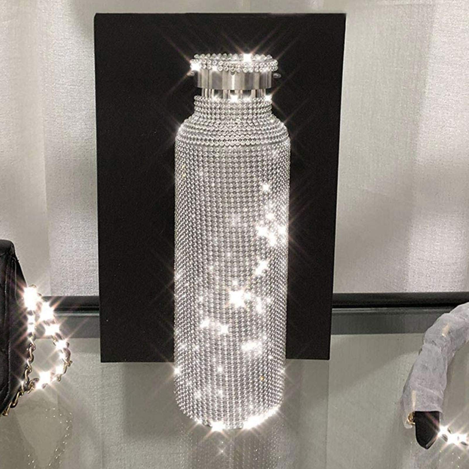 Taza al vacío aislada con diamantes de imitación, botella de acero inoxidable, hervidor de agua, plata, 750 ml
