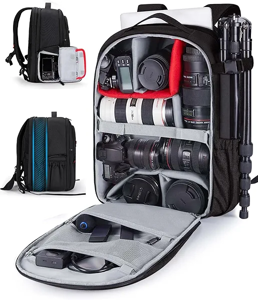 BAGSMART Camera Backpack, Expandable DSLR SLR Camera Bags for Photographers, Photography Travel Backpack with 15.6" Laptop Compartment, Rain Cover & Tripod Holder, Black Black Large
