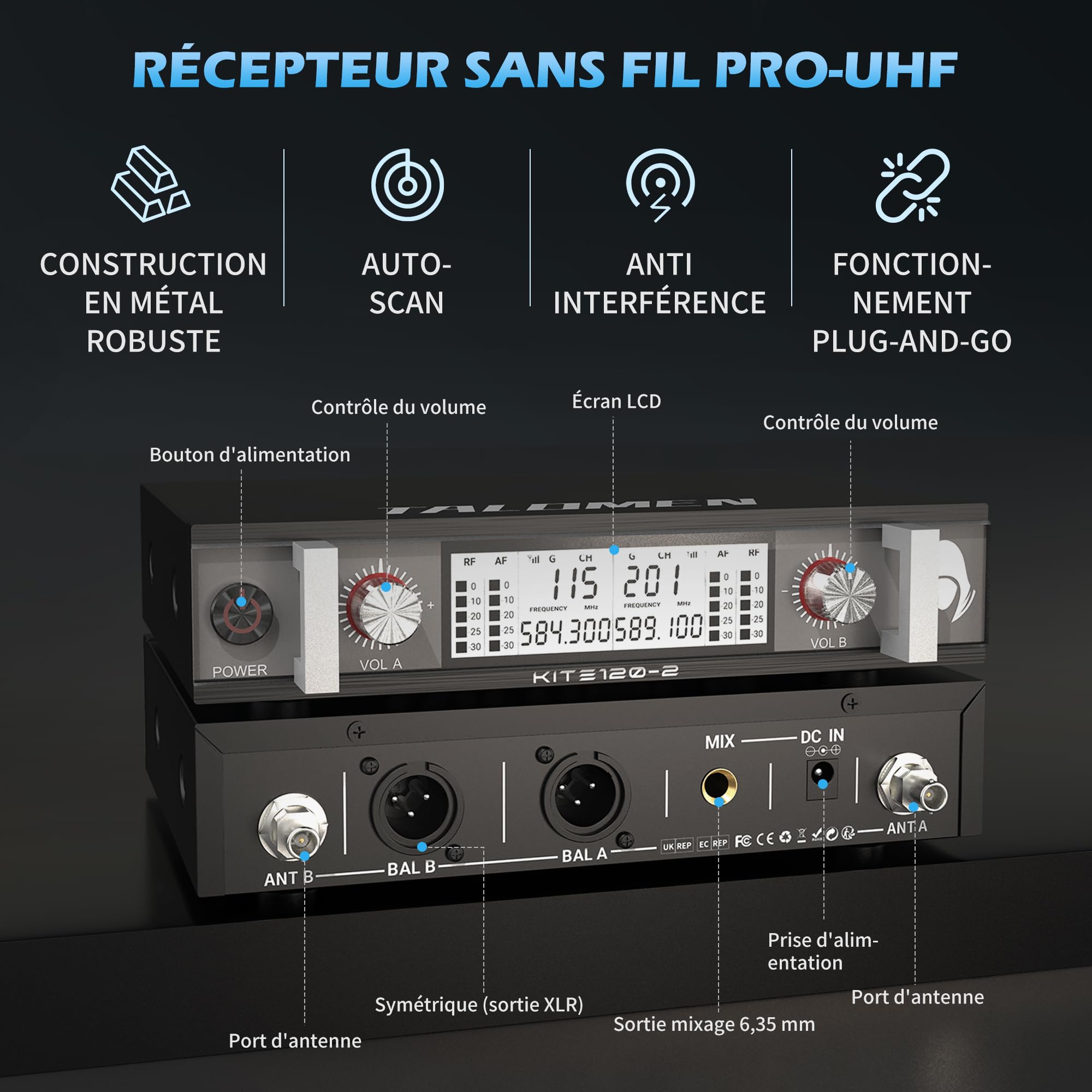 talomen Micro sans Fil UHF, Set de 2 Microphones à Main Dynamiques en Métal, Auto Scan, Portée 120 m, Récepteur Double Canal, Idéal pour Chant, Karaoke, Fête, DJ, Église – K120 Noir