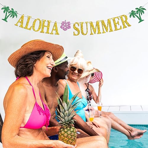 Miniatura 5 de Pancarta hawaiana de verano Aloha, guirnaldas de banderines para decoración de fiesta de verano hawaiana tropical Luau playa, suministros de