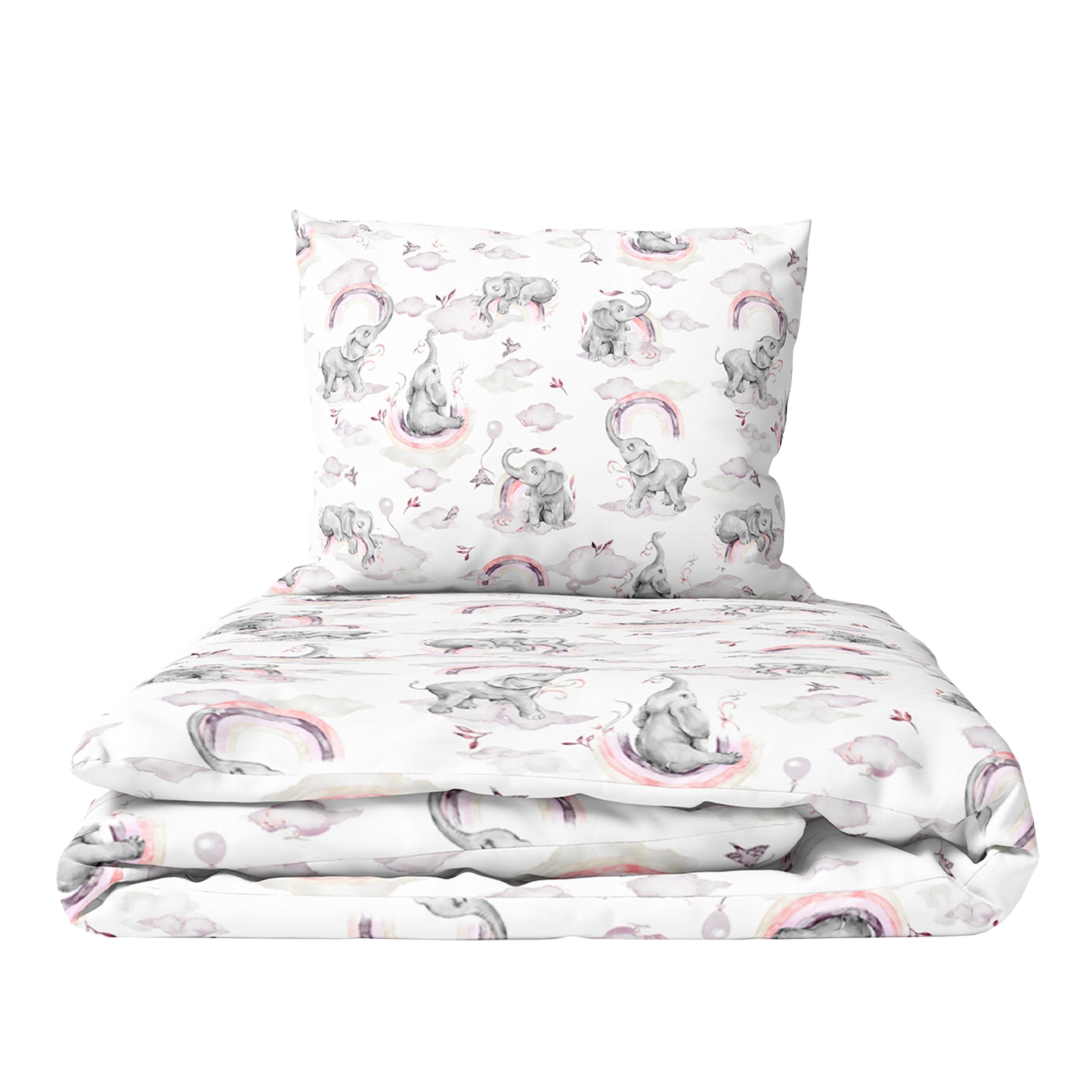Baby Comfort 2-Piece Toddler Duvet & Pillow Set - 100x75 cm - 100% Cotton Breathable Fabric - Machine Washable Quilted Bedding for Cot Bed 12M+ (Pink Elephants)