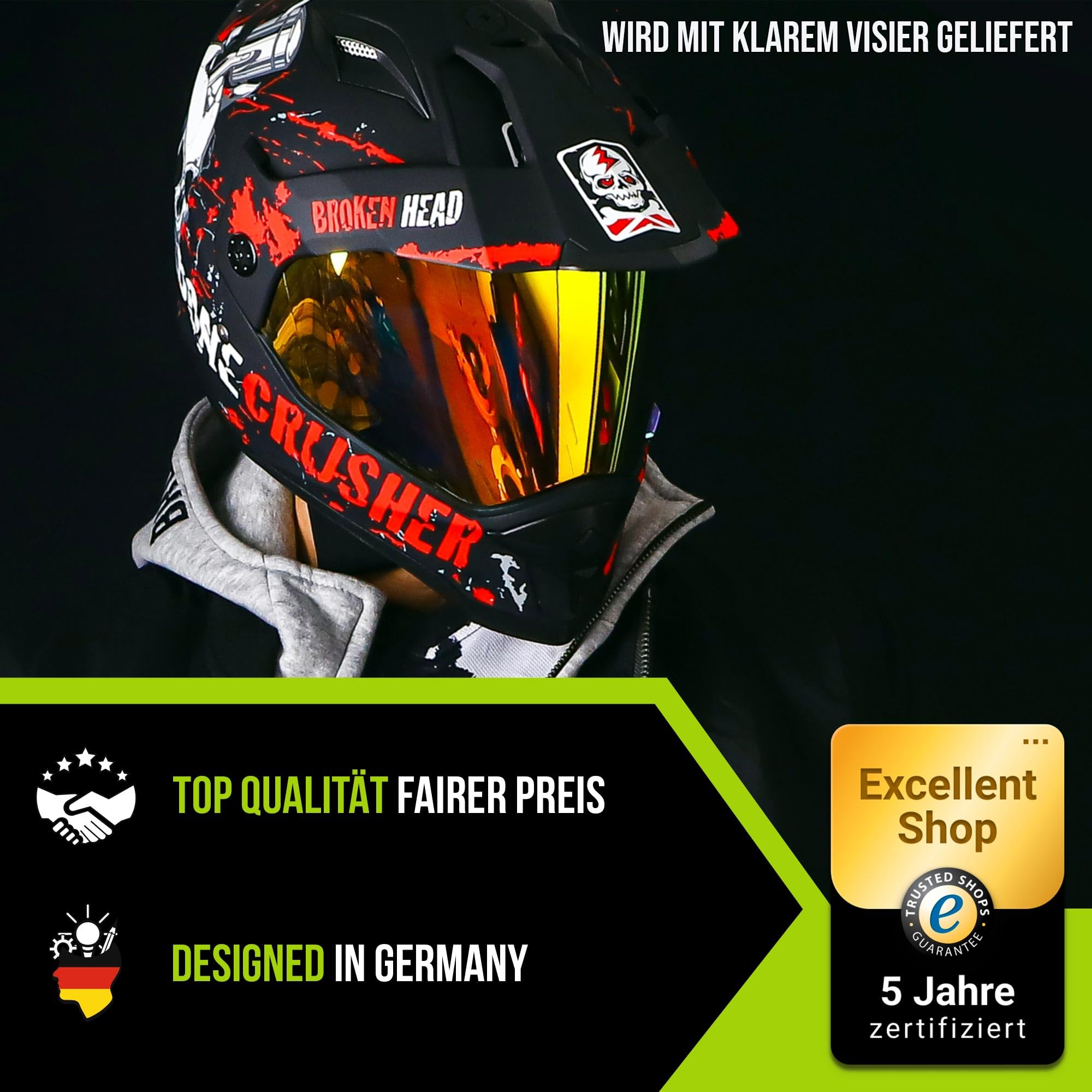 Broken Head Bone Crusher Motocross-Helm Rot mit Visier - Enduro MX Cross-Helm - Motorradhelm mit Sonnenblende