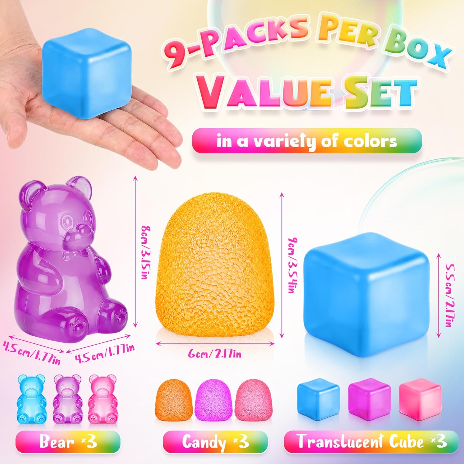 Halloscume 9 Pcs Slow Rising Stress Ball for Adults Square Stress Cubes Squeeze Sensory Bear Fidget Anxiety Relief Balls for ADHD Mental Health Gifts Party Favors, 3 Style