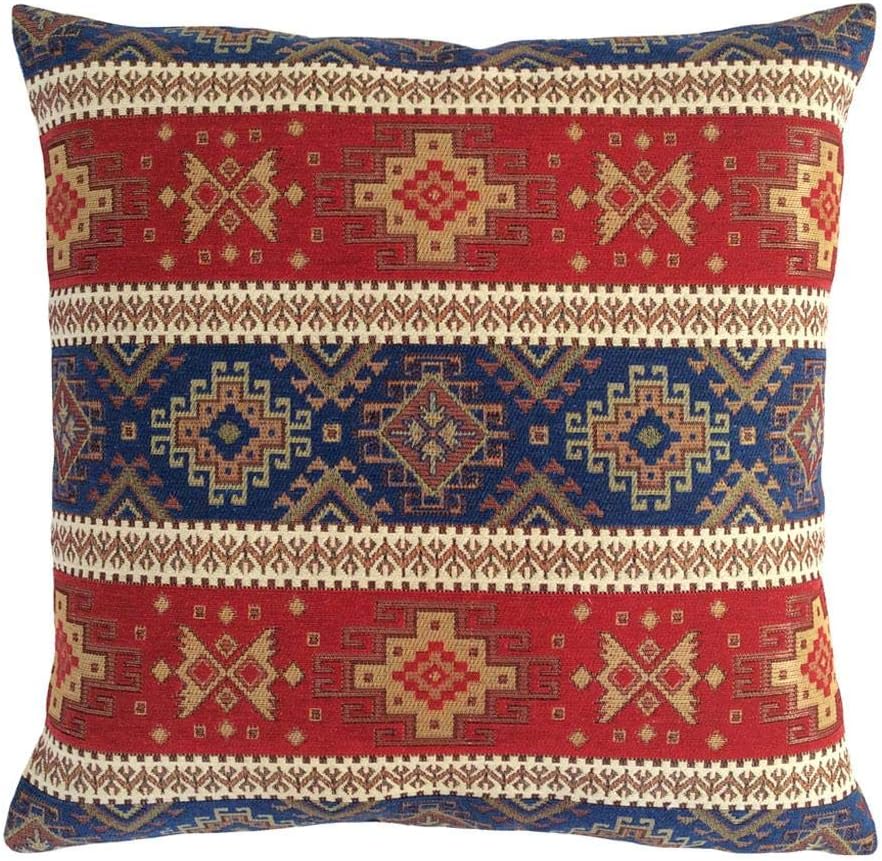 Boho Square Throw Pillow Covers Kilim Red and Blue - 18 x 18 Inches Decorative Sofa Pillows, Hippie Room Decor for Couch, Bohemian Outdoor Case for Farmhouse, Southwestern, Aztec