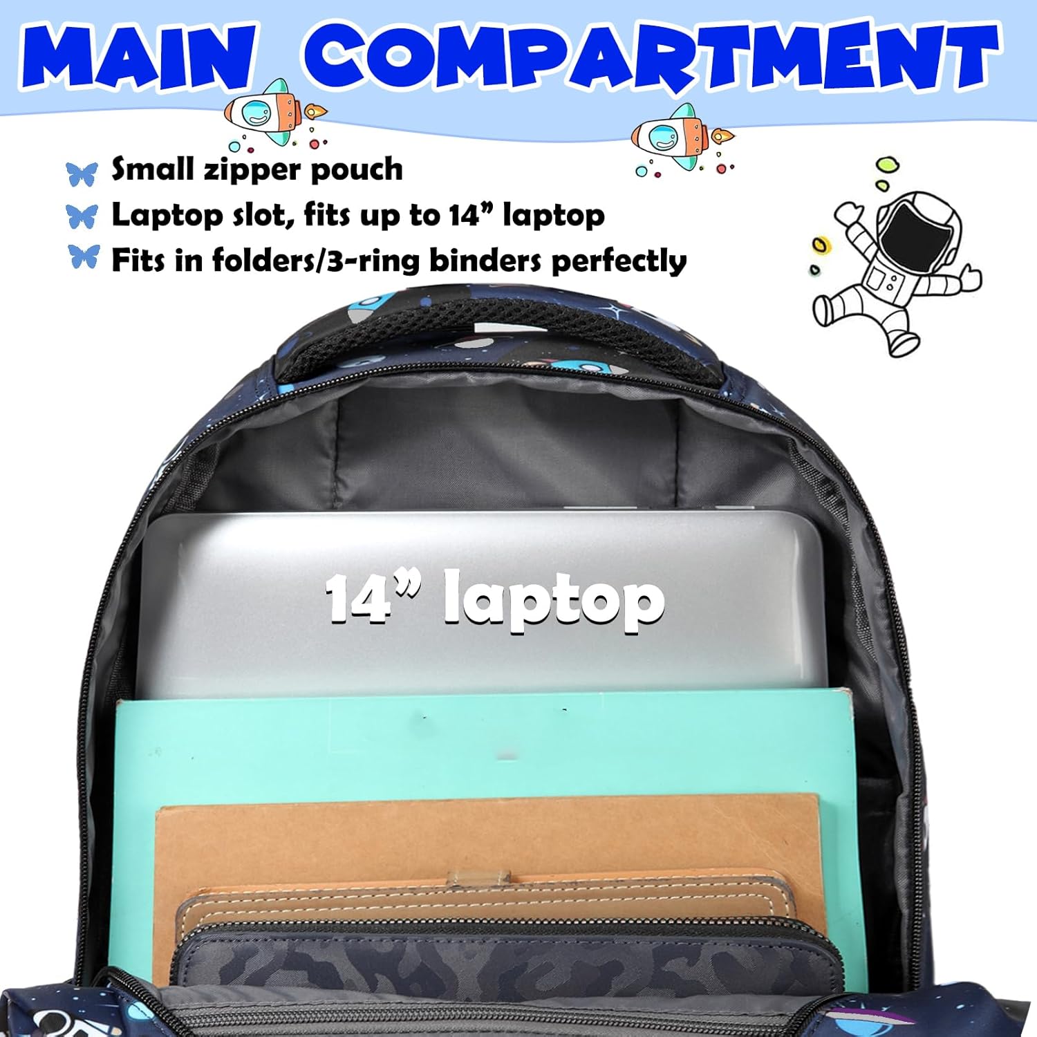 BLUEFAIRY School Backpack for Boys Kids Elementary School Book Bags Space Spaceman Astronaut Back to School Bookbags Mochilas Escolares para Niño 17" Navy Blue
