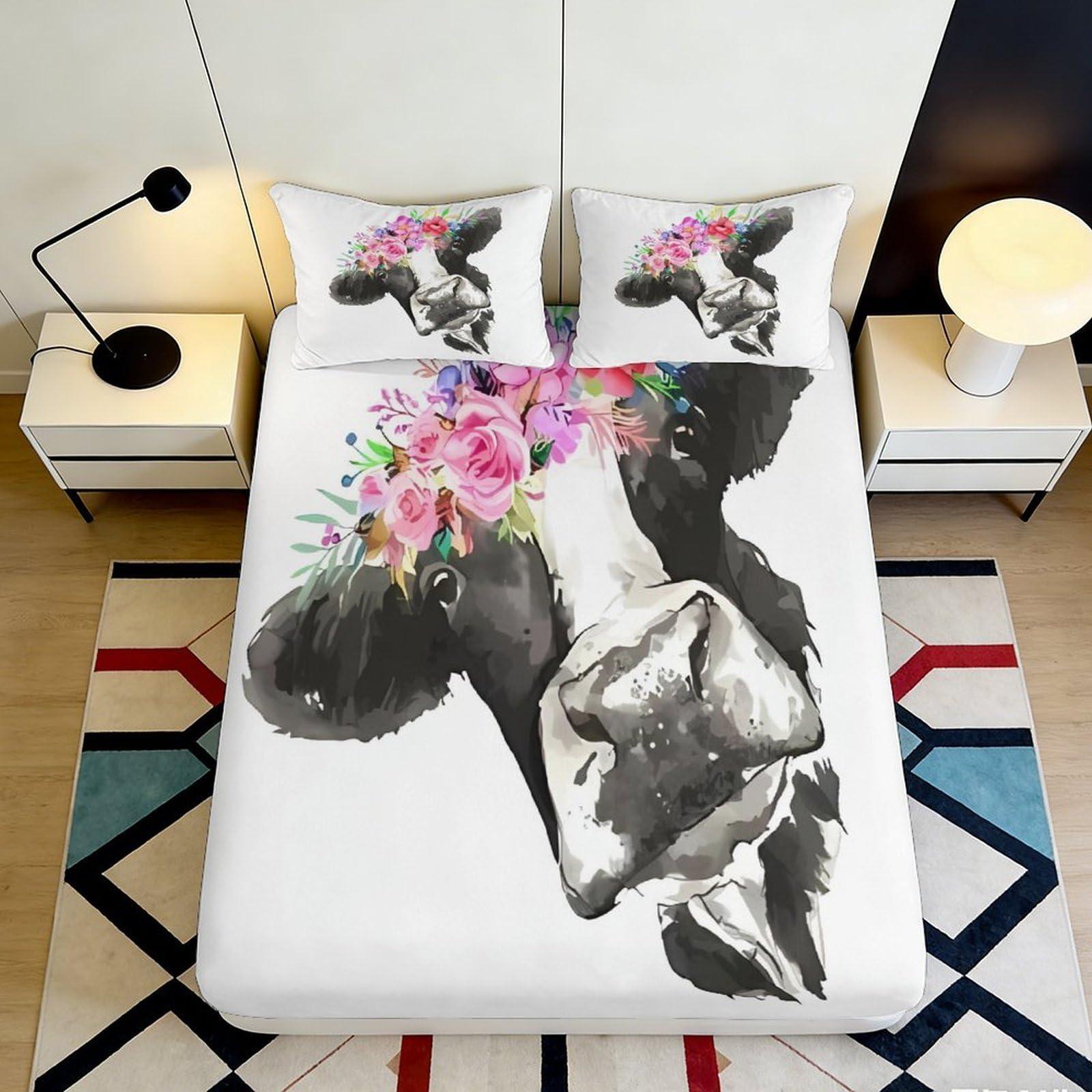 Uynsixtme Style-1 3D Printed Floral Cow Fitted Sheet Microfiber Deep Pocket Bedding Set For Adults Teens, Cow Mattress Fitted Cover Non-Slip 90X200x25cm