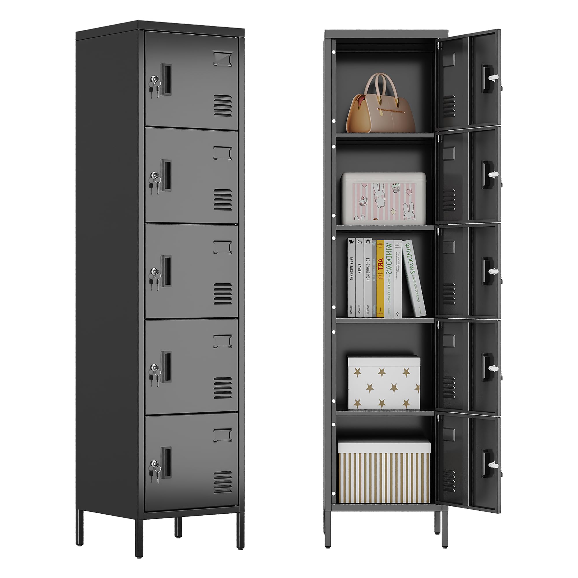 Aobabo 16" W 5 Door Metal Storage Locker with Lock, 66" H Steel Locker with Name Card Holder and Metal Leg for School, Home, Office, Playroom, Assembly Required, Black