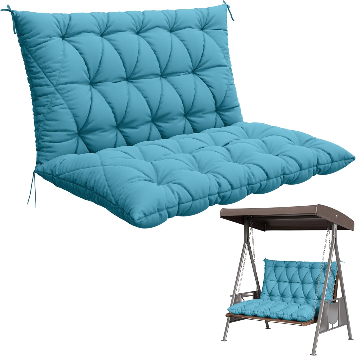 Porch Swing Cushion with Backrest,Waterproof Bench Cushion for Outdoor Furniture,2-3 Seater Replacement Thickened 5 in swing cushion,with Ties,Patio,Outdoor,Backyard and Garden (Lake Blue,47x40 in)