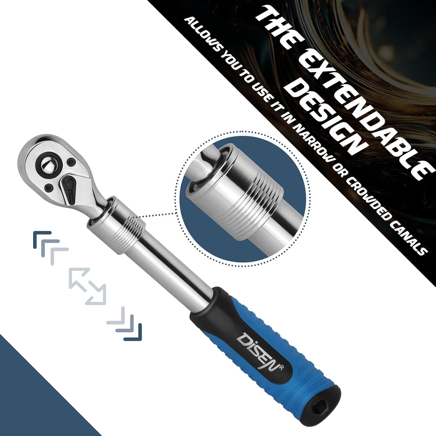 DISEN 3PCS Extendable Ratchet Wrench Set,1/4" 3/8" 1/2" Drive 72-Tooth, Quick-Release, Reversible Drive Socket Wrenches,Soft Grip Handle with Storage Tray