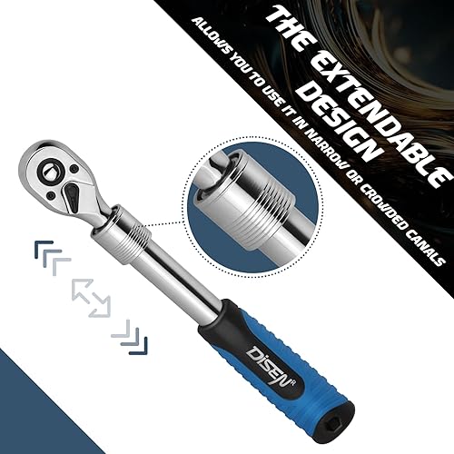 Miniatura 4 de DISEN Juego de 3 llaves de trinquete extensibles, 14 pulgadas, 38 pulgadas, 12 pulgadas, 72 dientes, liberación rápida, llaves reversibles, mango de