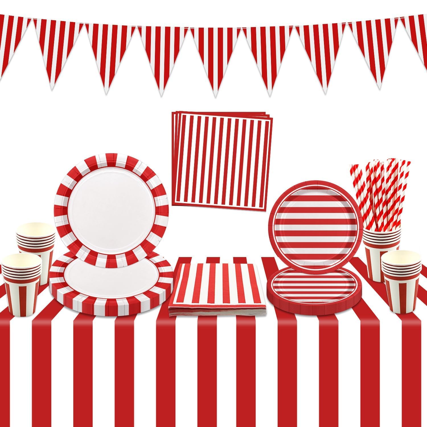 – Carnival Circus Party Supplies, Red and White Stripes Party Decorations, with Paper Plates, Cups, Napkins, Carnival Tablecloth, Flag for Birthday Carnival Baby Shower Christmas, Serves 20