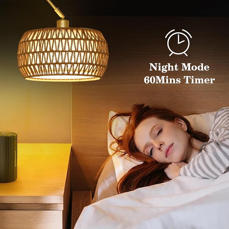 Rayofly Arany Ívelt Állólámpa Rattan Lámpaernyővel - Modern Boho Padlólámpa Távirányítóval, LED Izzóval, Alkalmazásvezérléssel, Fényerőszabá