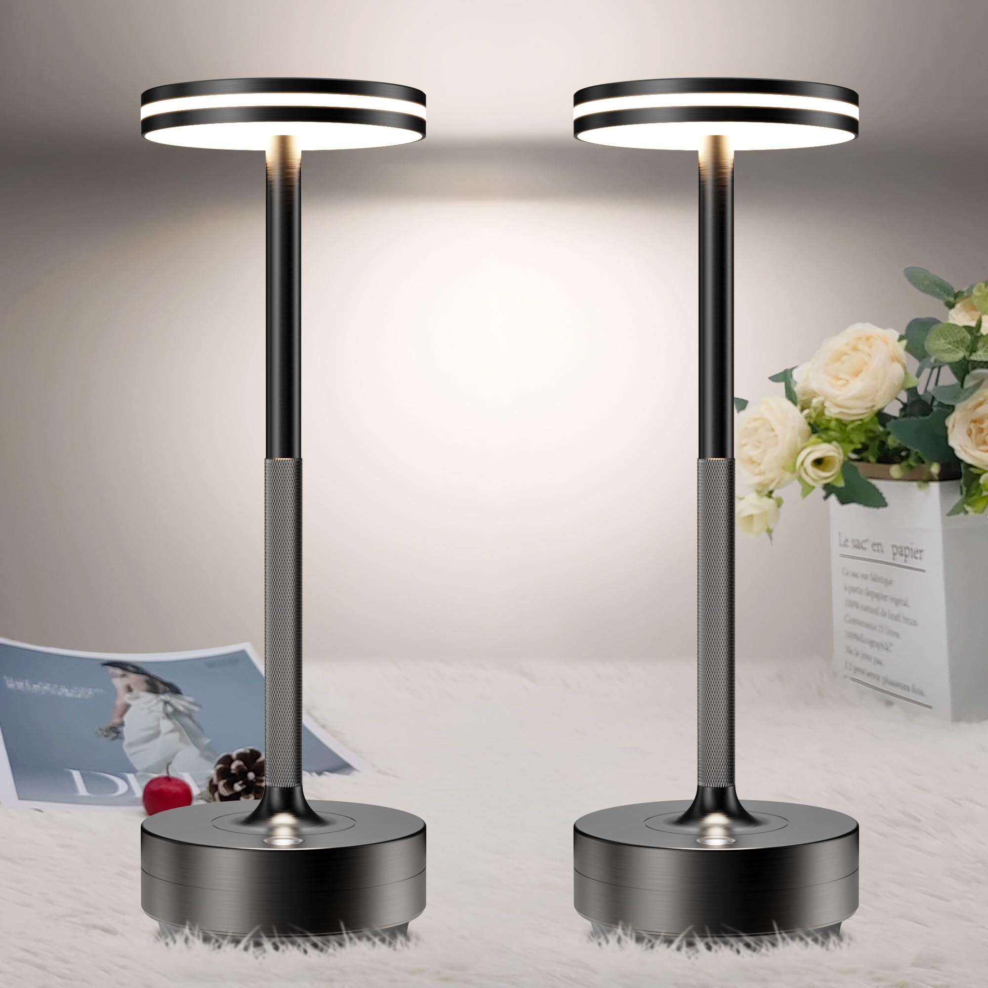 LED Akku Tischlampe, Modern Dimmbar 5000mAh Tischleuchte 2 Stück | tischlampe USB Aufladbar, 3 Farbtemperatur für Outdoor Indoor Restaurant Nachttisch Terrasse, Aluminium Schwarz
