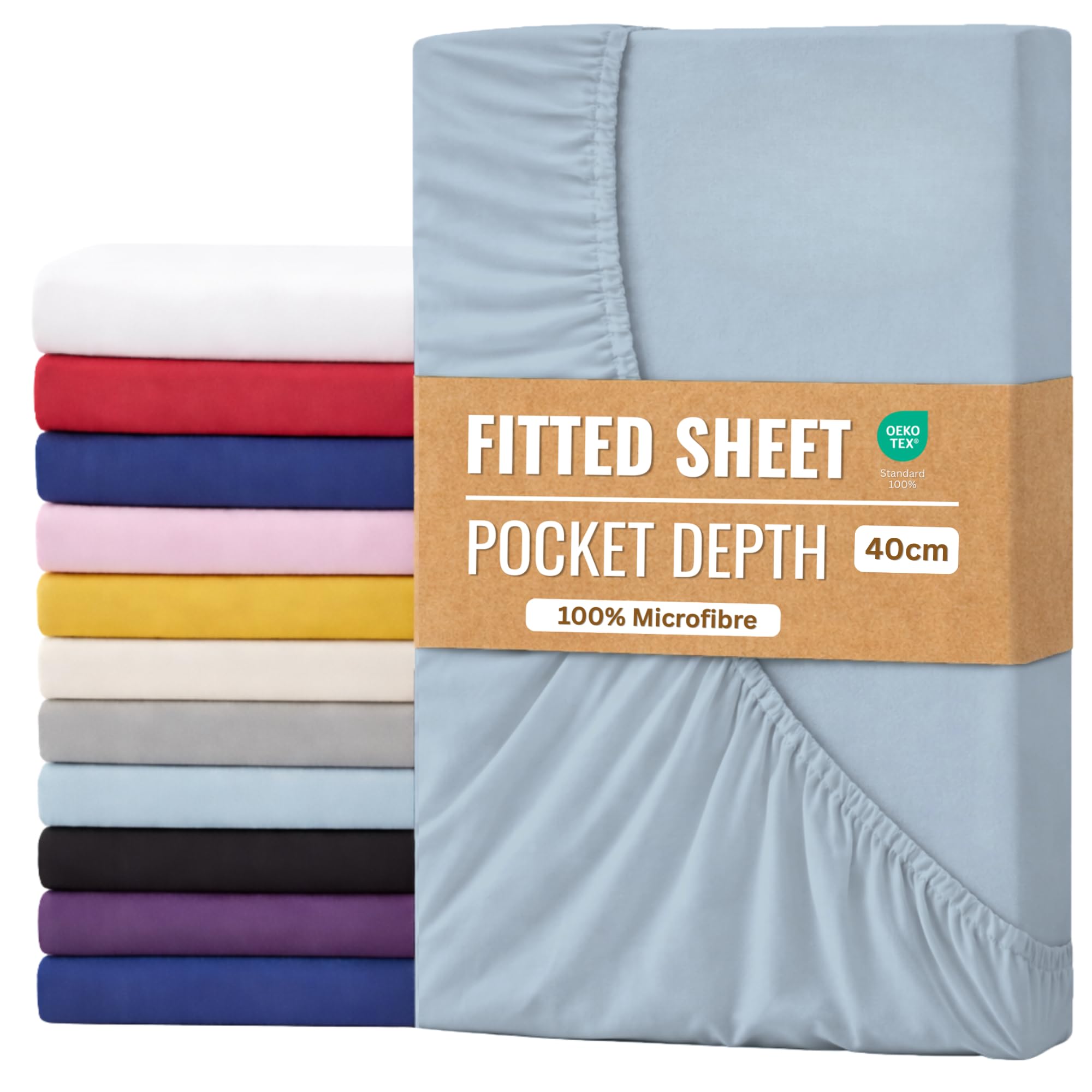 Fitted Sheet 40cm with Extra Deep Pockets - OEKO-TEX Certified Bed Sheet King Size 152X200CM | Hotel Quality & Wrinkle Resistant | Brushed Microfibre Fitted Sheets (Sky Blue)