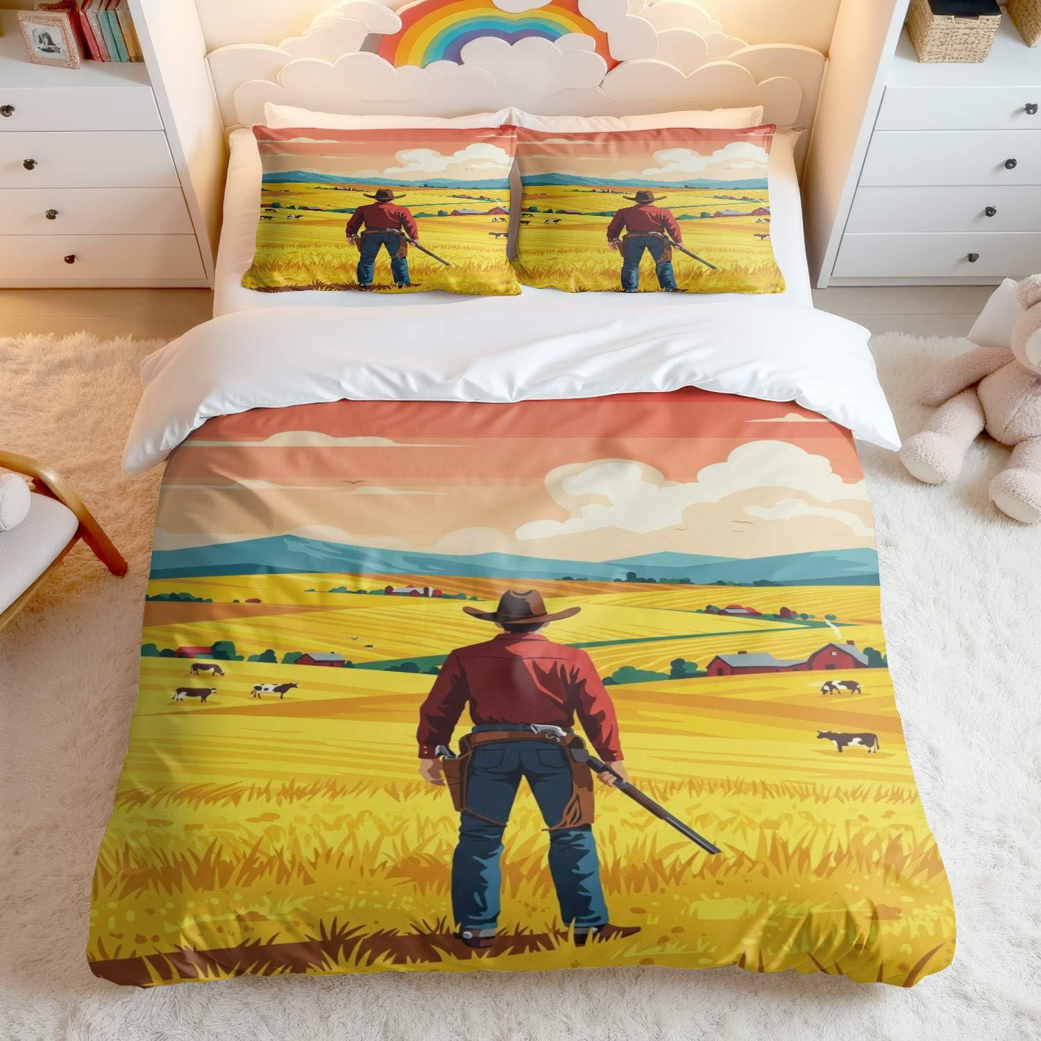 Parure de lit western double avec 2 taies d'oreiller motif cowboy