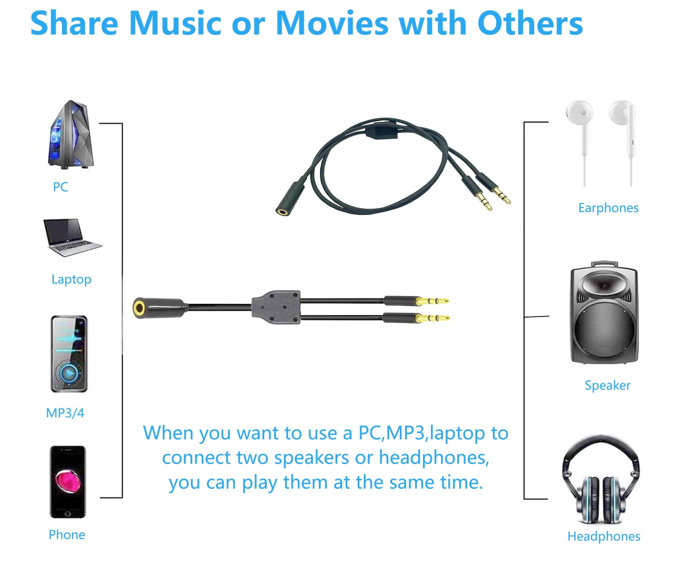 3,5 mm 1 Buchse auf 2 Stecker, Stereo-Kopfhörer, Audio-Adapter, Splitter, 3,5 mm TRS Y-Splitterkabel, vergoldete Klinke für Kopfhörer, PC, Smartphone, MP4-Lautsprecher, 50 cm, Schwarz