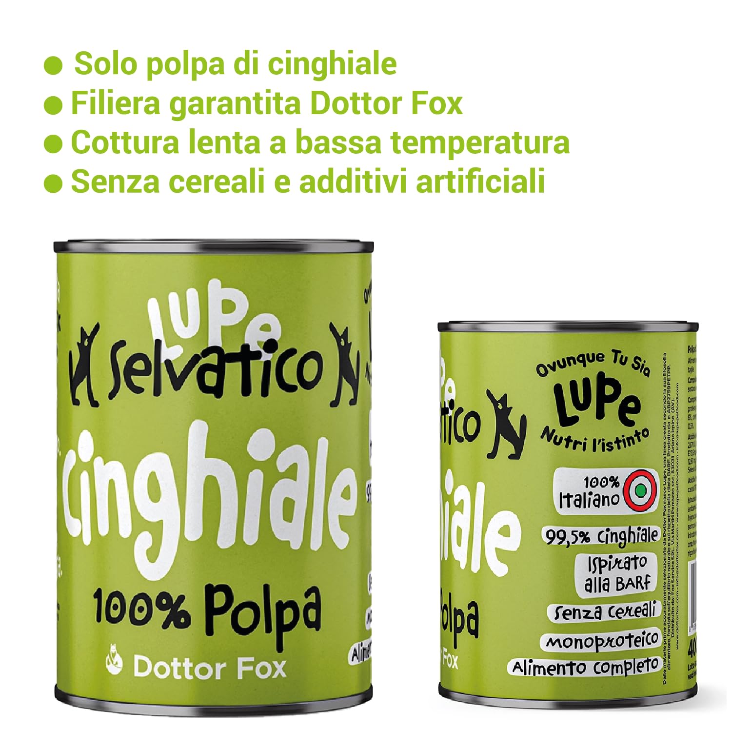 Lupe Polpa di Cinghiale, Alimento Umido Monoproteico per Cani e Gatti, 99,5% Cinghiale Italiano, Senza Cereali, Pasto Completo Ispirato alla BARF, 400 g