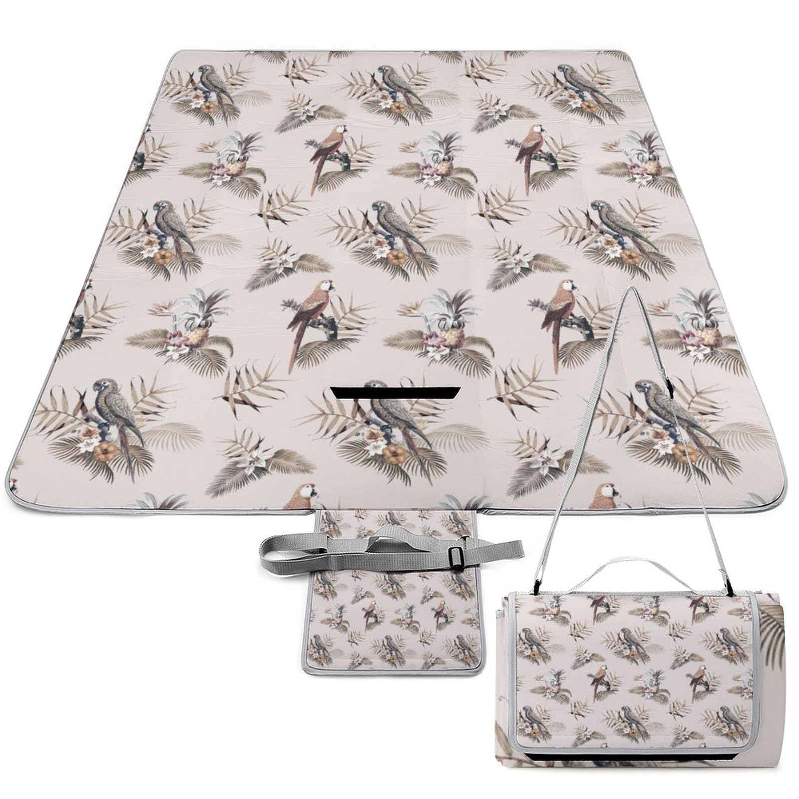 Macaw-Tropical-Pattern Picnic Blanket Waterproof Foldable, Large Outdoor Picnic Blanket Beach Blankets Camping Blanket Travel Mat, Shoulder Strap Tote, Rectangle 58x58in