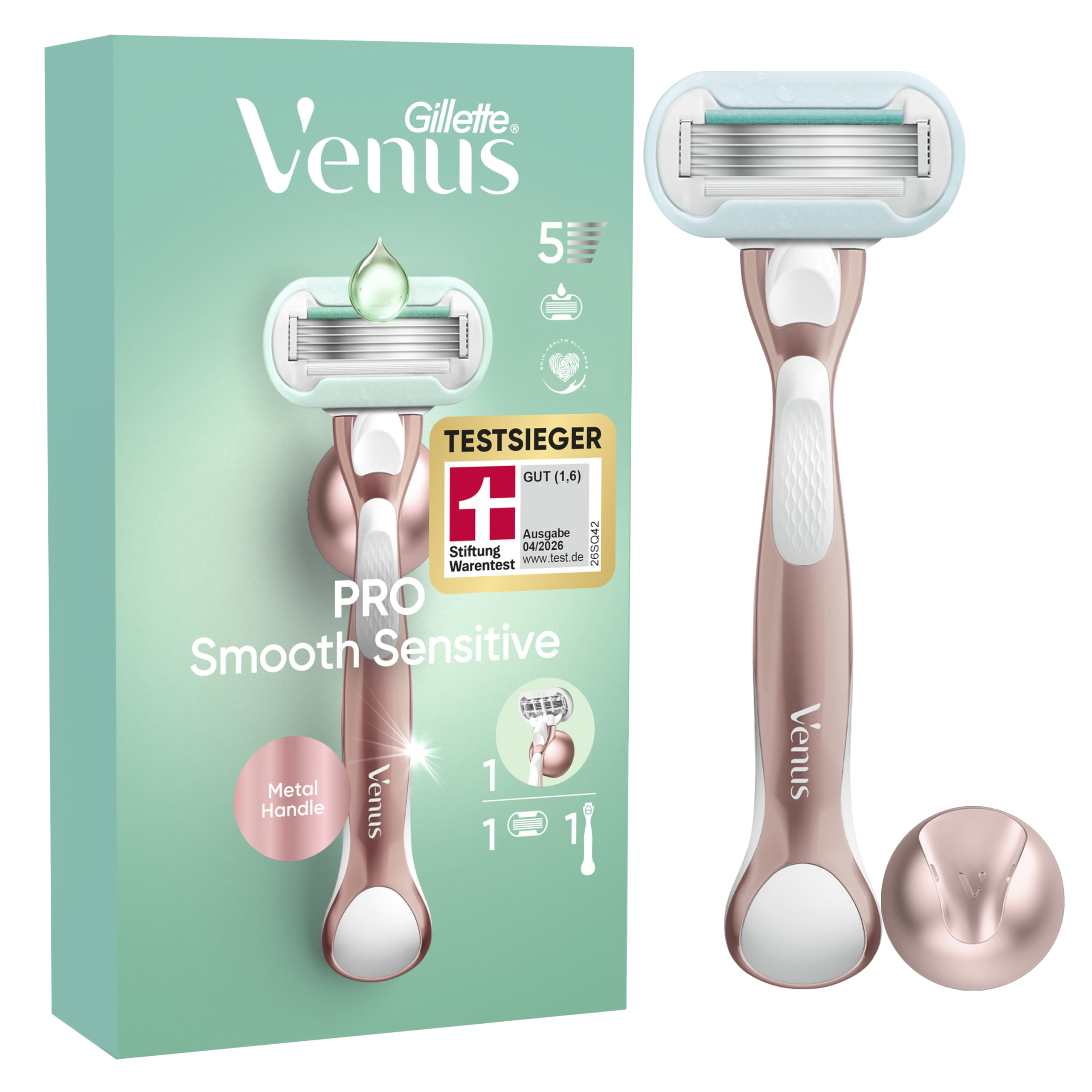 Gillette Venus Pro Smooth Sensitive Damenrasierer – inkl. Ersatzklinge, Metallhandstück & Duschhalterung