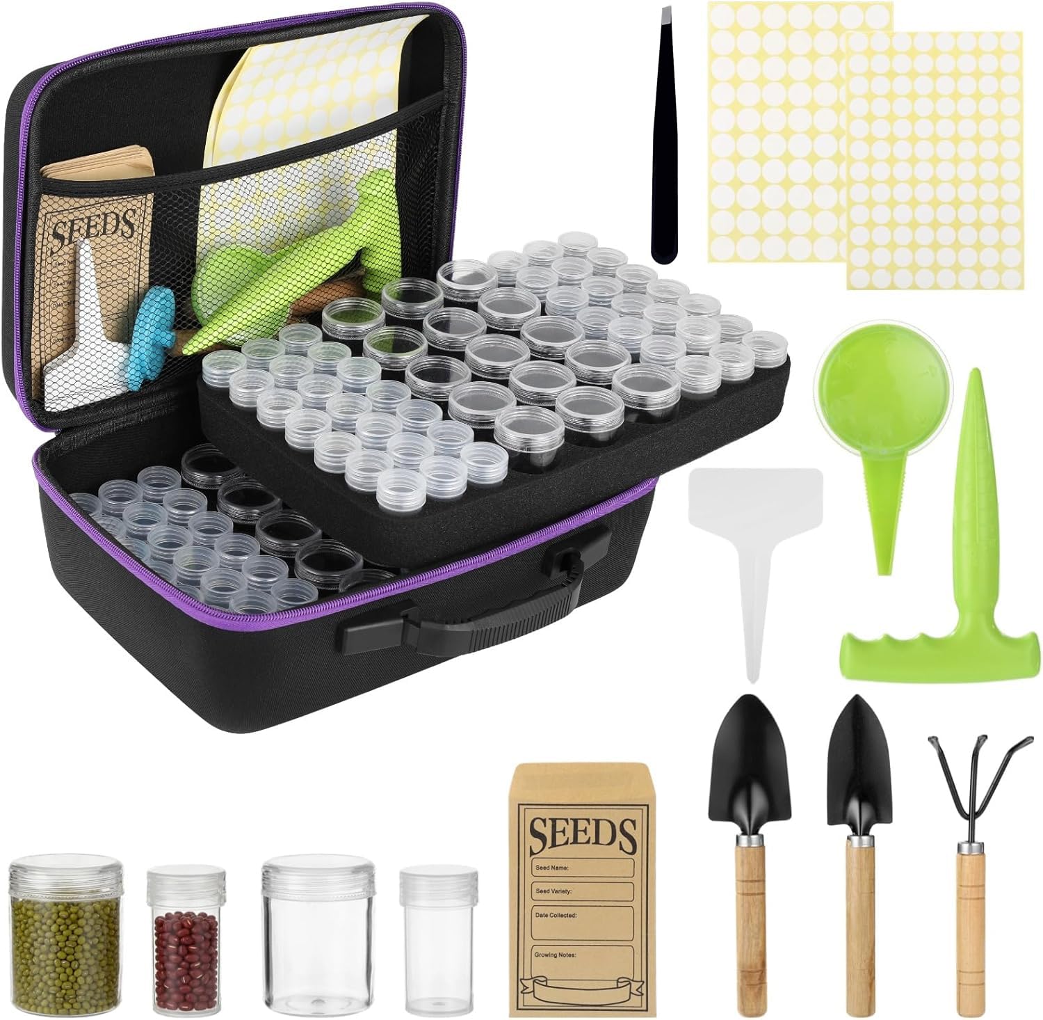 Photo 1 of 114 Slots Seed Storage Organizer Kit, Waterproof Portable Seed Box with Envelopes, Funnel, Shovels, Tweezers, Labels, Garden Saver Kit for Flower, Vegetable, Plant, Purple